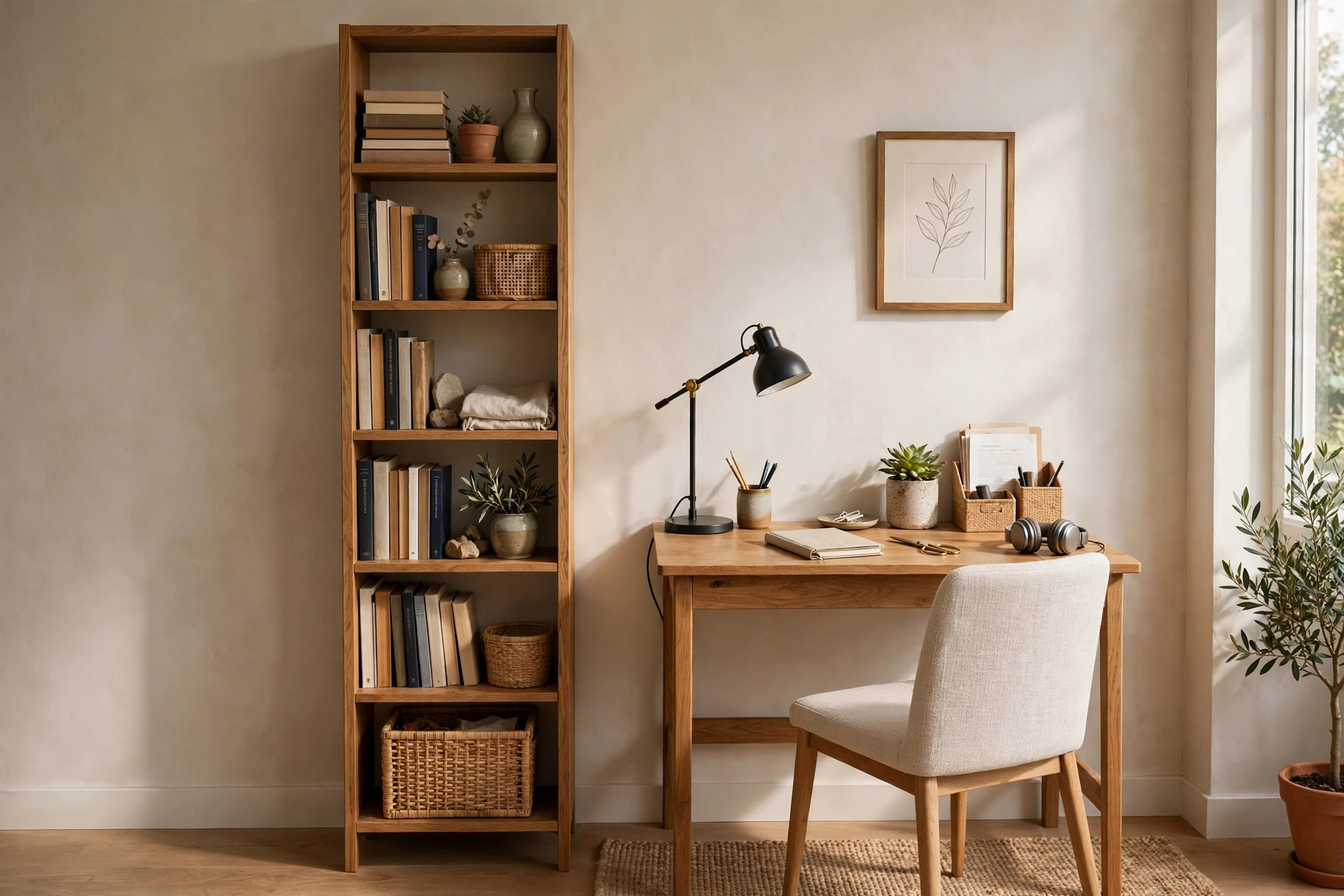 Tall narrow bookshelves beside small organized home office desk