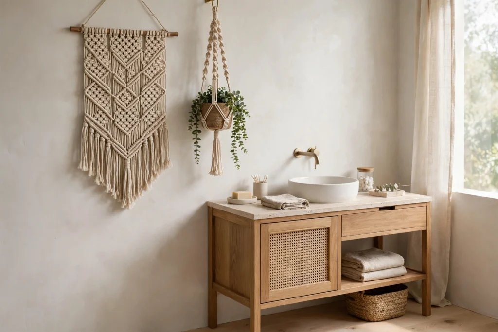 Macramé wall hanging and knotted plant hanger beside a boho bathroom vanity