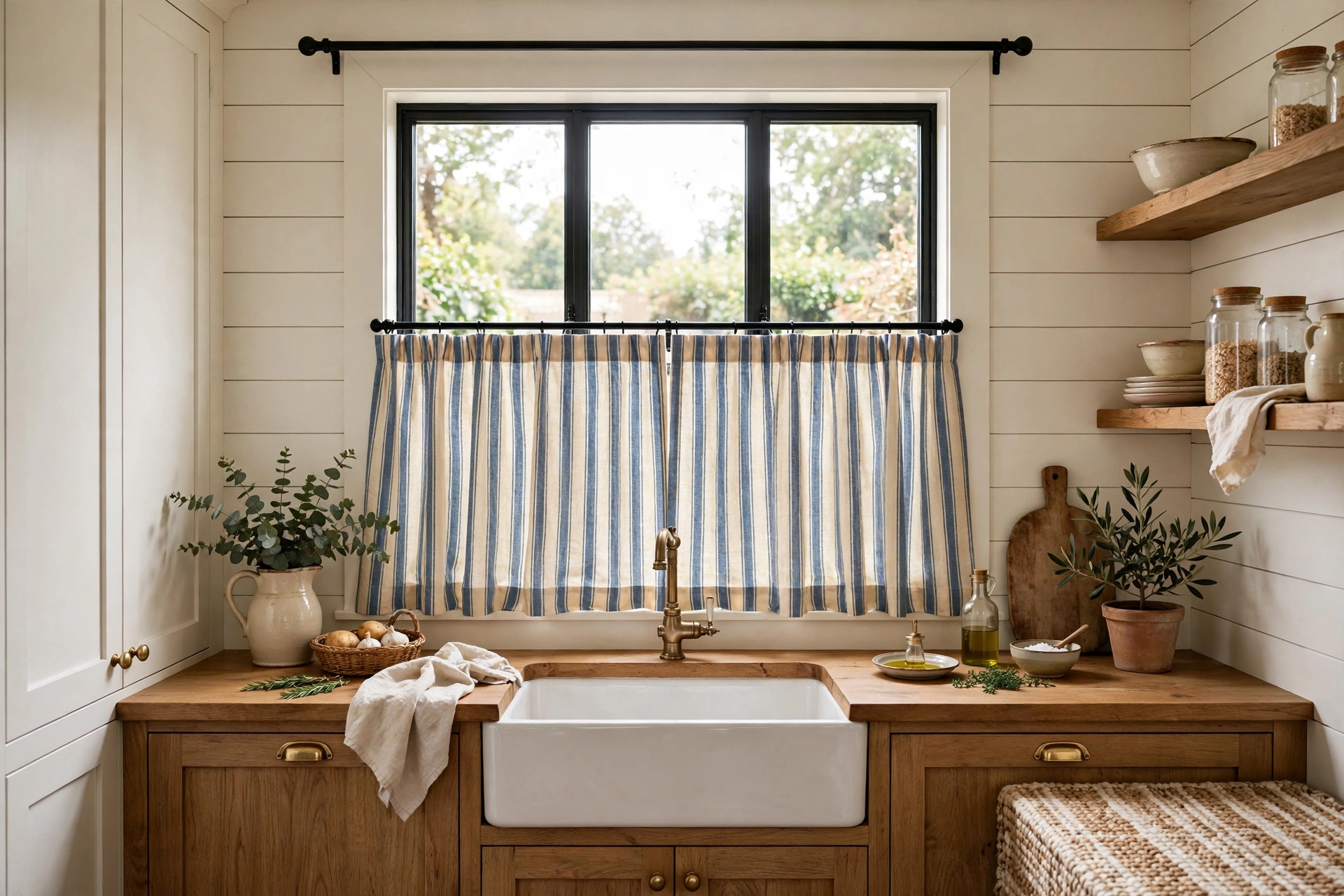 Blue and cream ticking stripe cafe curtains in a farmhouse kitchen
