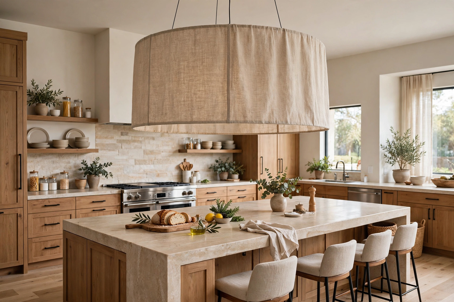 Oversized linen drum pendant light over a large kitchen island