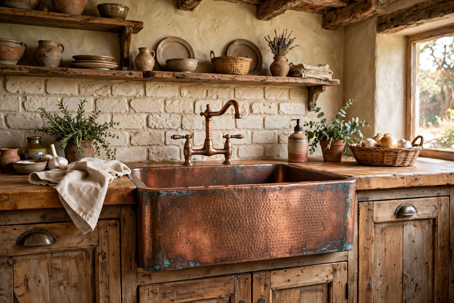 Hammered copper farmhouse sink with warm patina in a rustic kitchen
