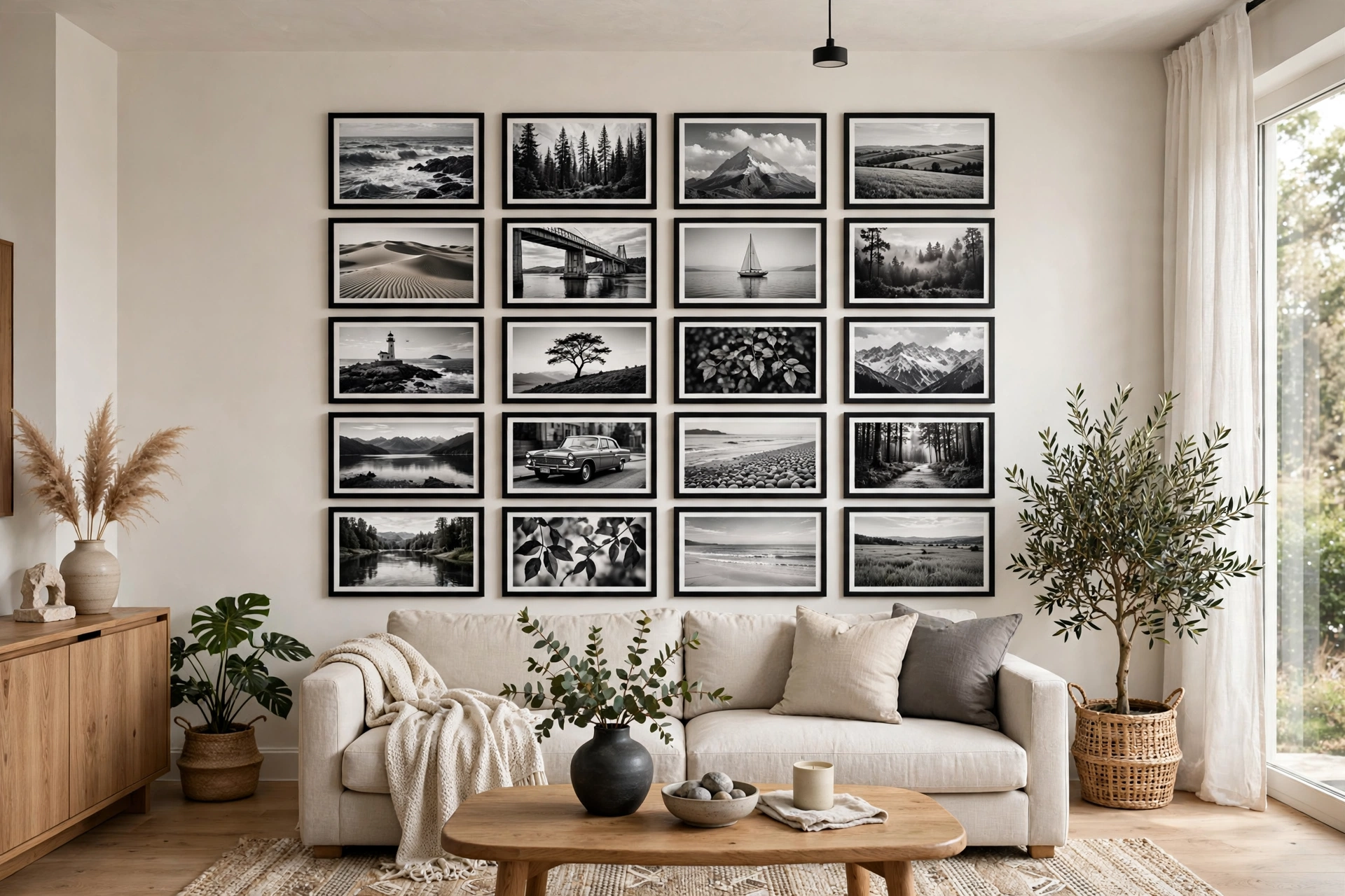 Black and white photo gallery wall in uniform frames living room