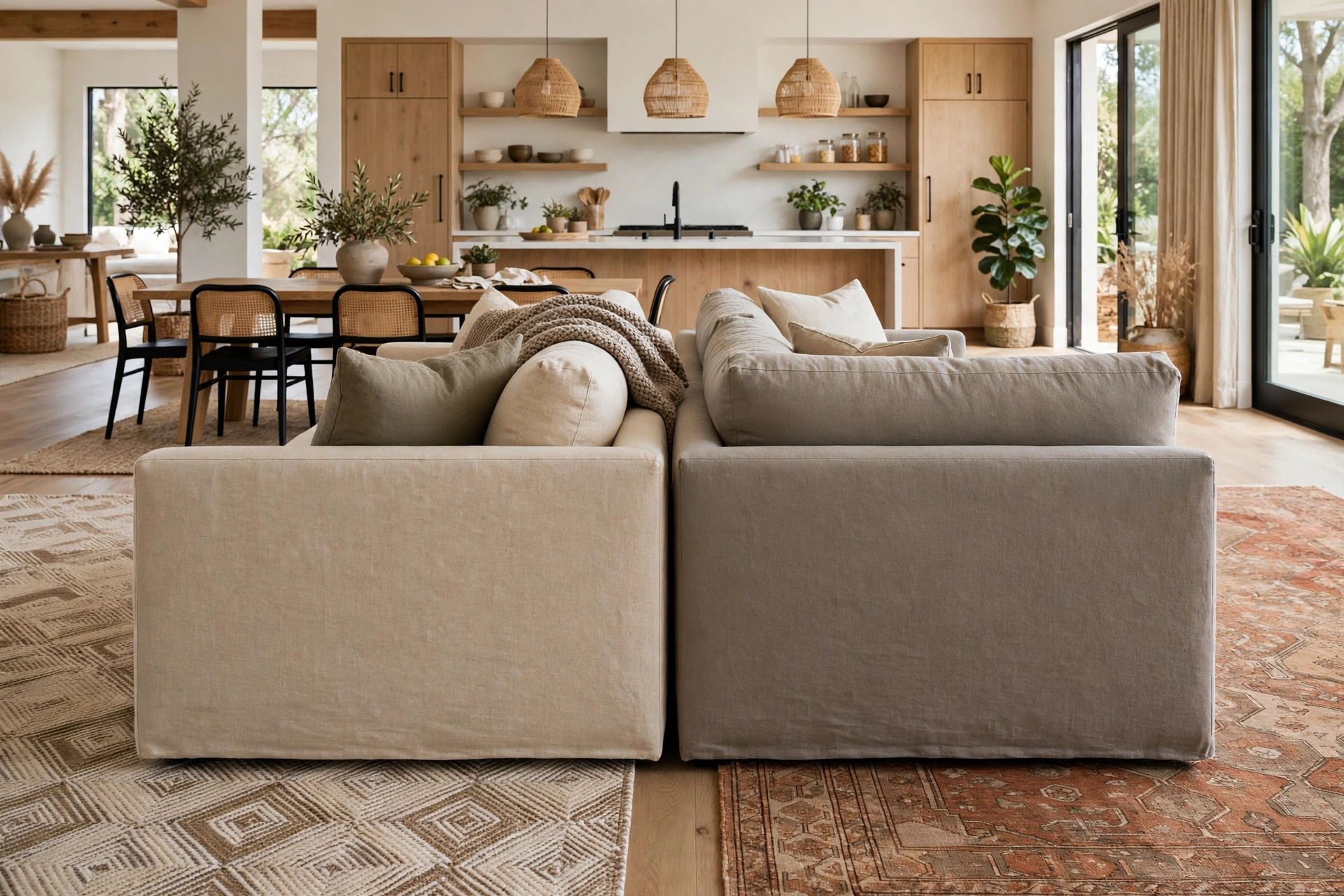 Open concept living room layout defined by rugs and sofa backs