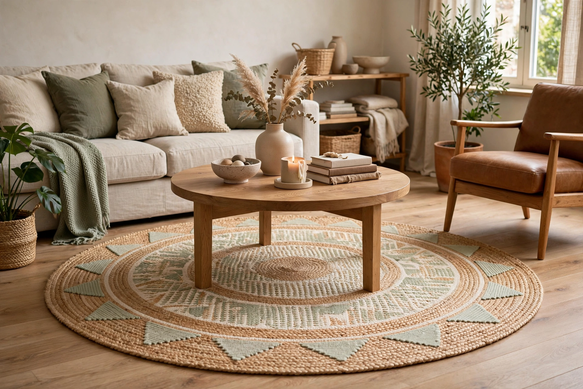 Round living room rug ideas styled under a coffee table