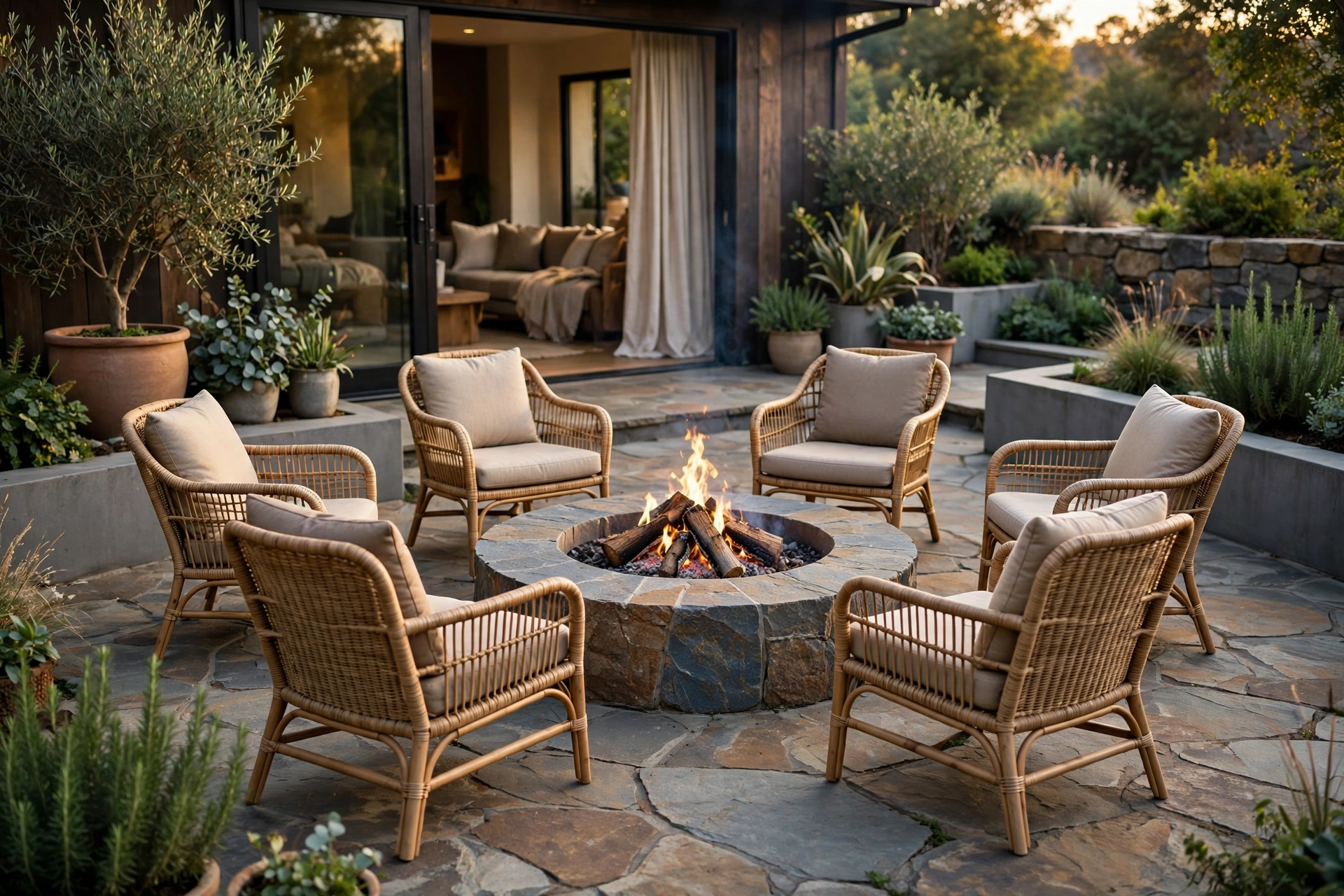 Round fire pit with chairs circled on stone patio