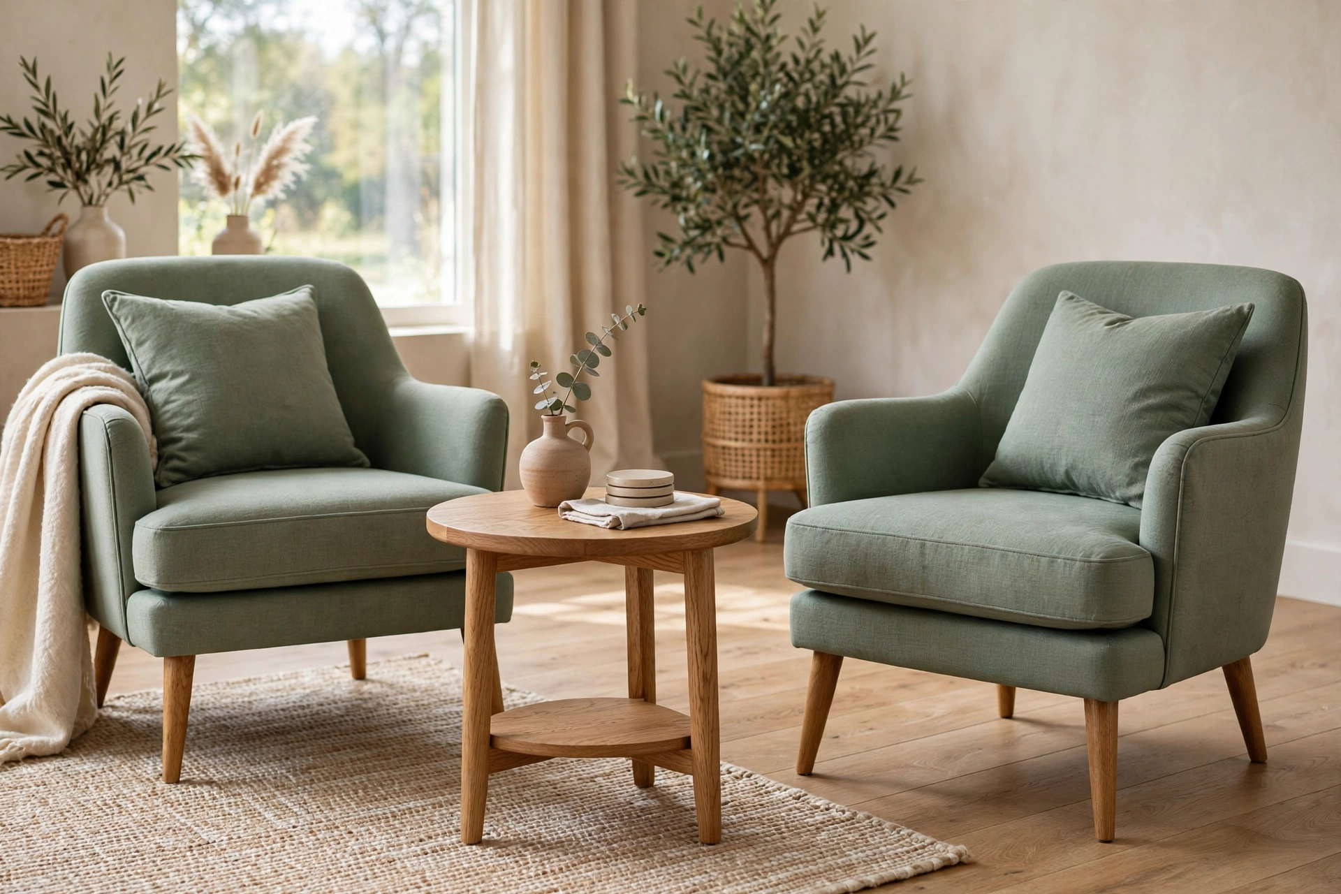 Pair of sage green accent chairs with oak side table