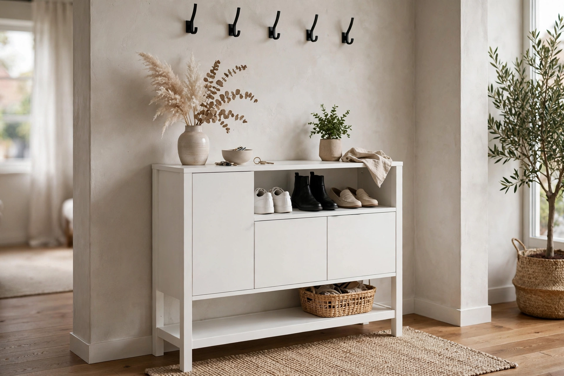 Slim white shoe cabinet doubling as entryway console table