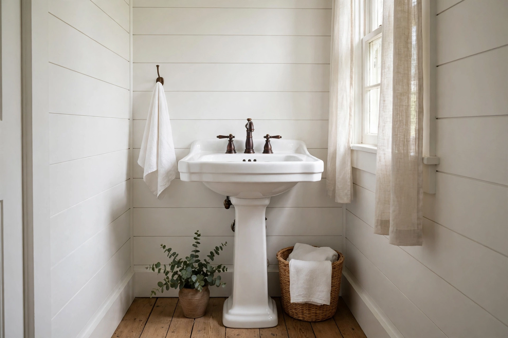 White porcelain pedestal sink with oil-rubbed bronze faucet in a small farmhouse bath