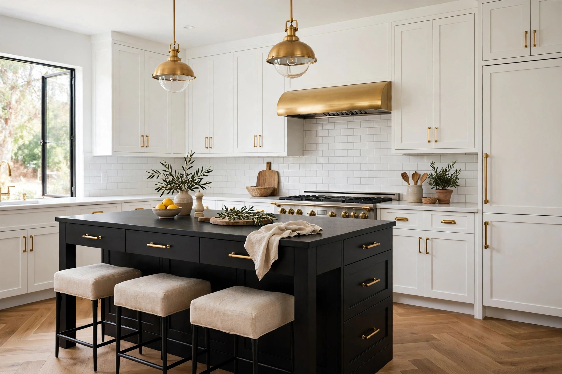 Black kitchen island anchoring white perimeter cabinets with brass hardware