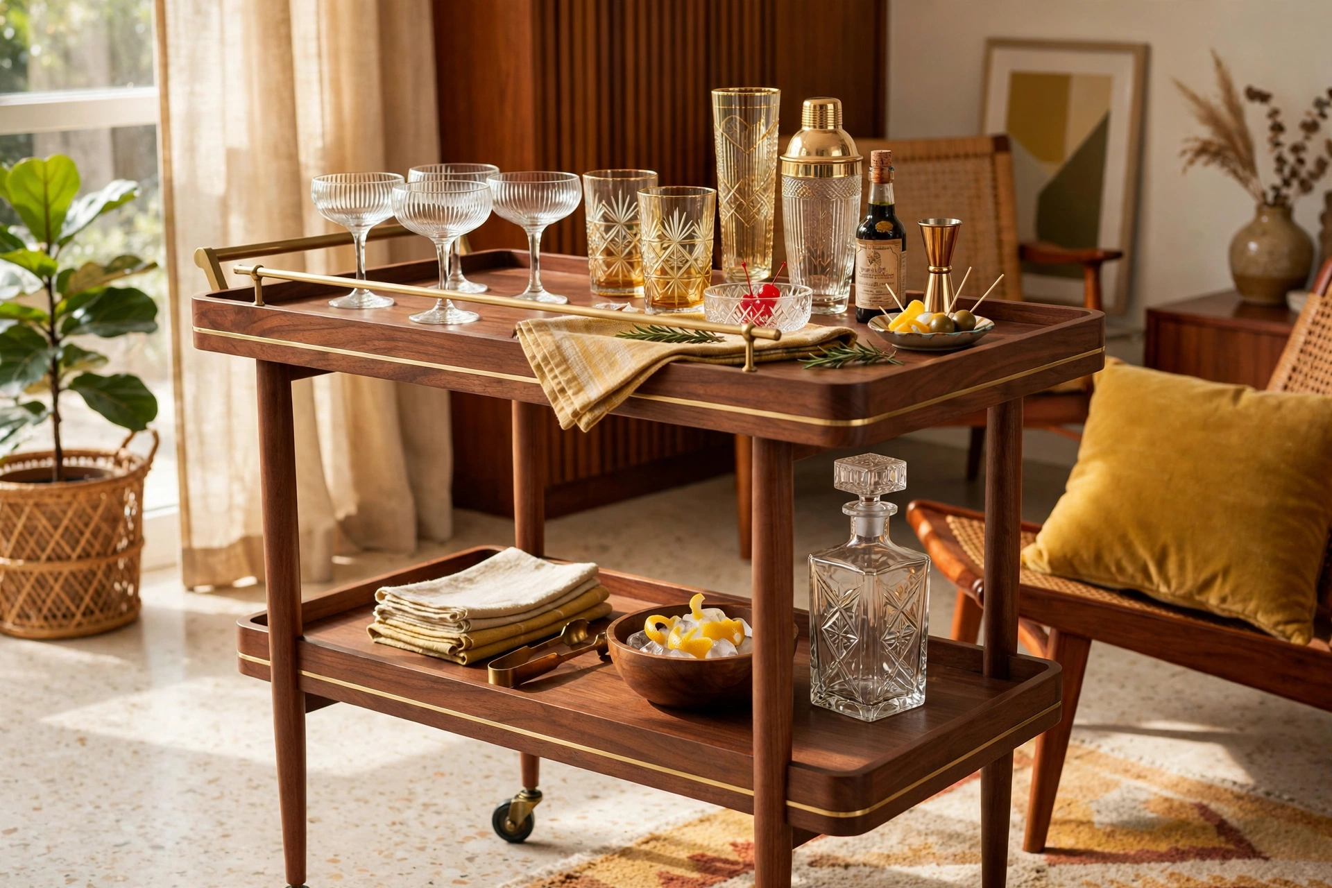 Mid-Century Modern Walnut Bar Cart With Retro Cocktail Glassware