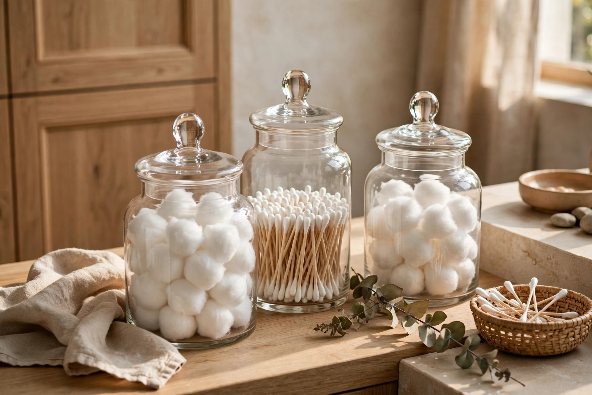 Apothecary Jars Holding Cotton Balls And Swabs