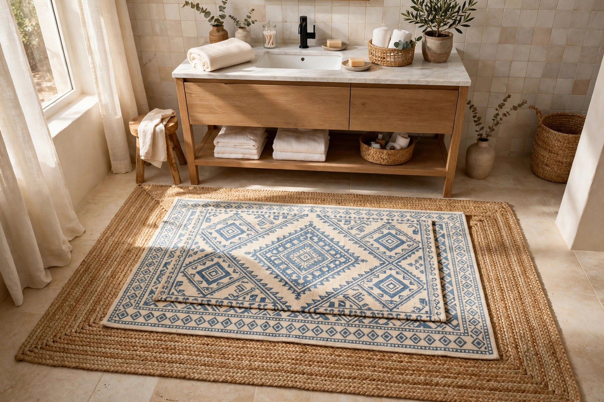 Layered Bathroom Rugs Combining A Jute Base With A Patterned Top Rug