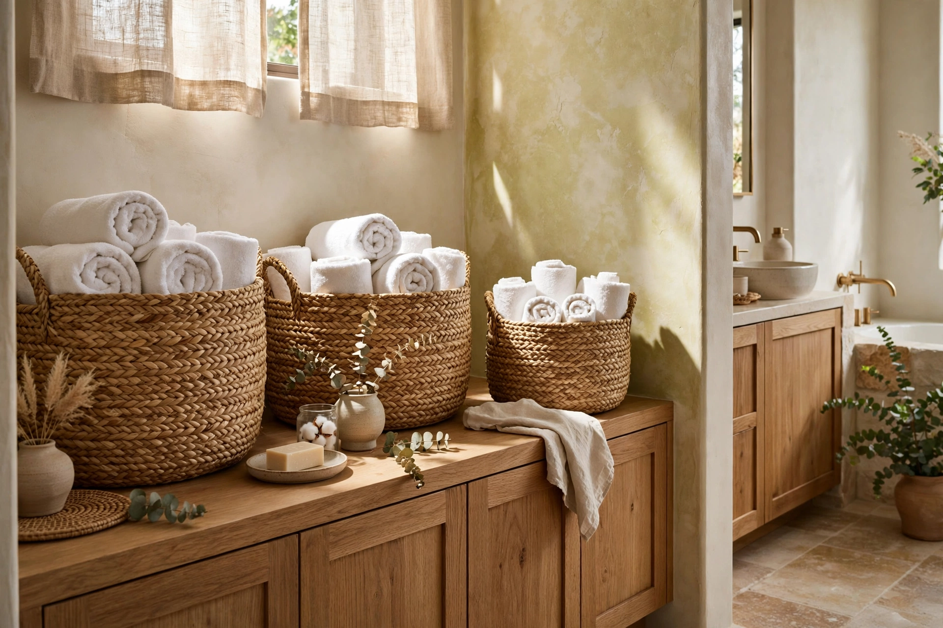 Woven Seagrass Baskets Filled With Rolled Towels In A Bathroom