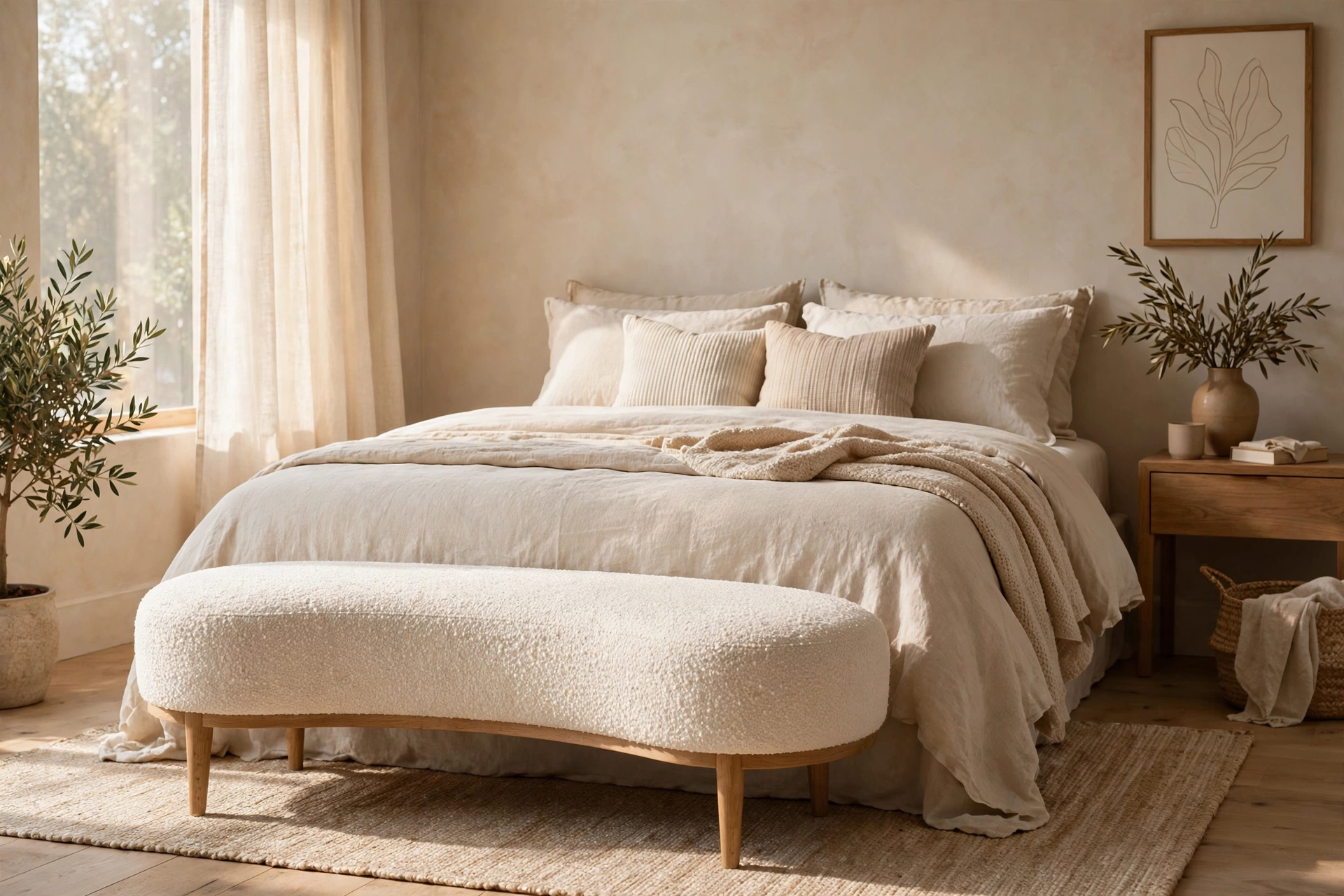Curved Ivory Boucle Bench with Nubby Texture at Foot of Bed