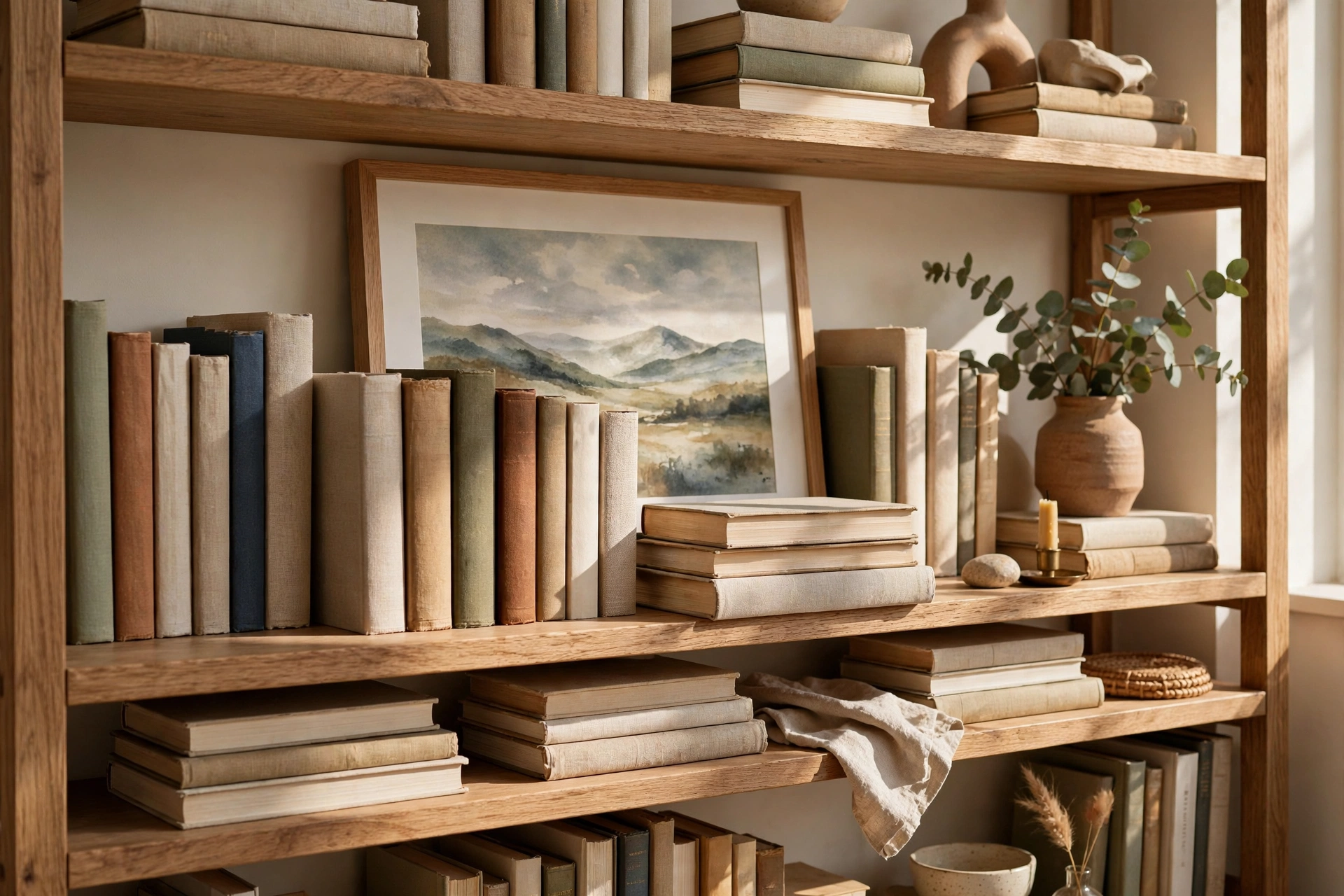 Framed Artwork Layered Behind Books On A Styled Bookshelf