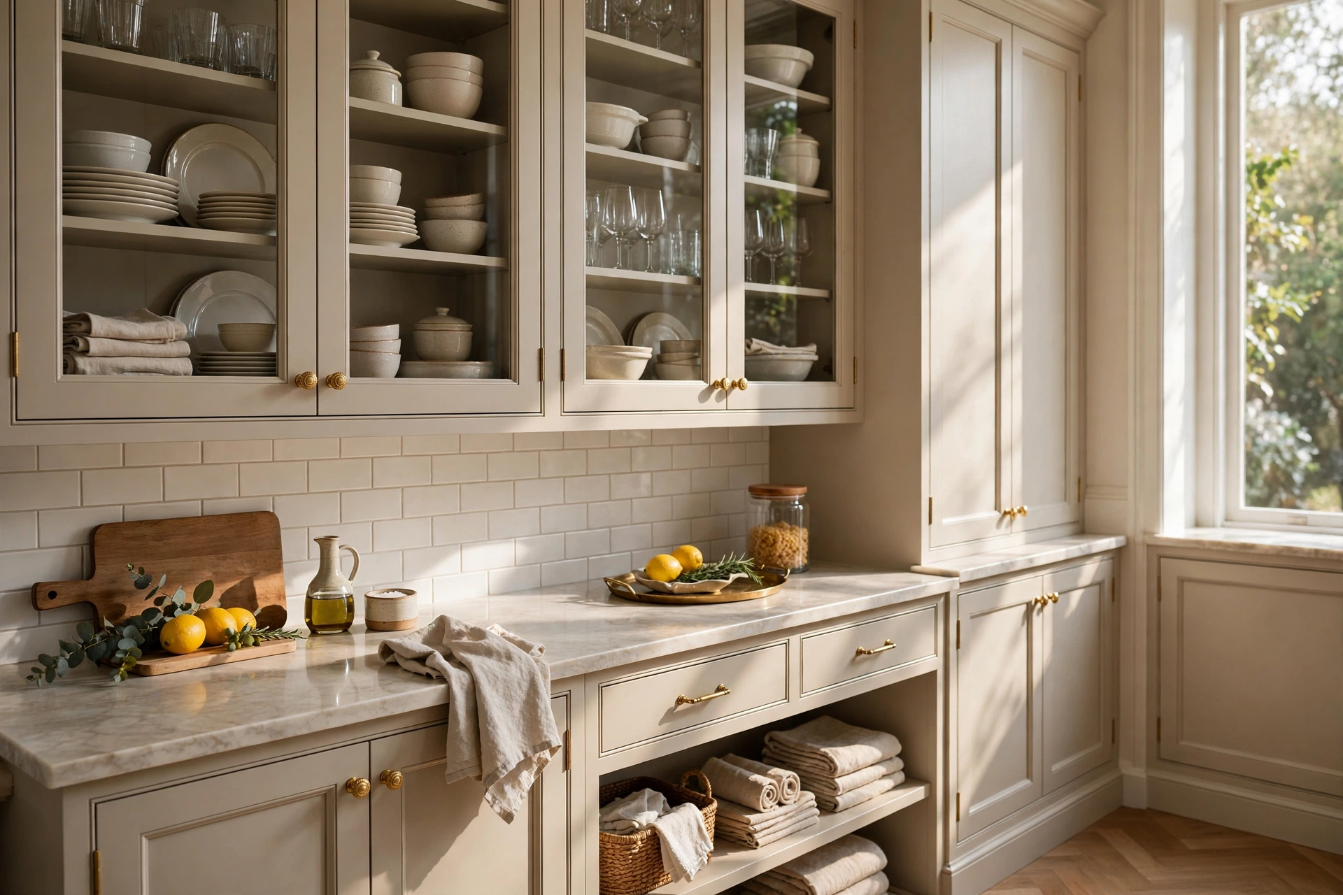 Glass-Front Cabinets Displaying Dishware In A Butler's Pantry