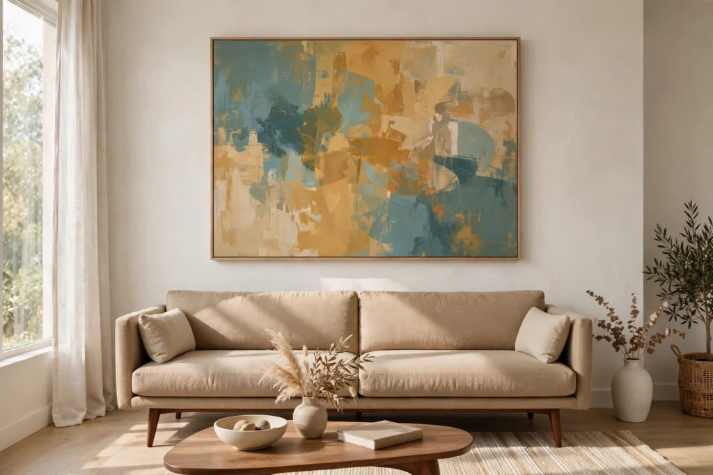 Large abstract painting in ochre and teal above a mid-century sofa