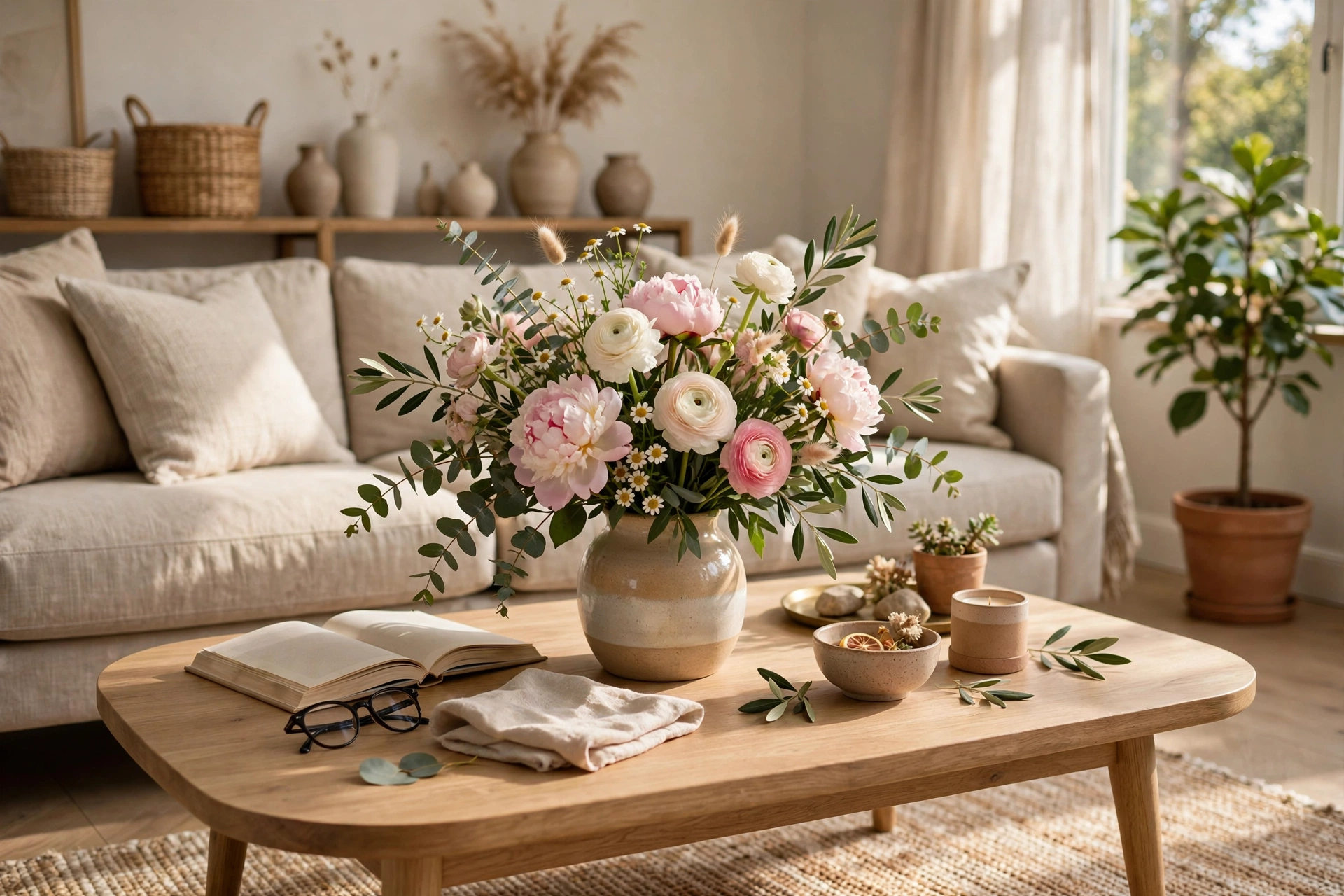 Fresh Flower Arrangement on Stylish Coffee Table
