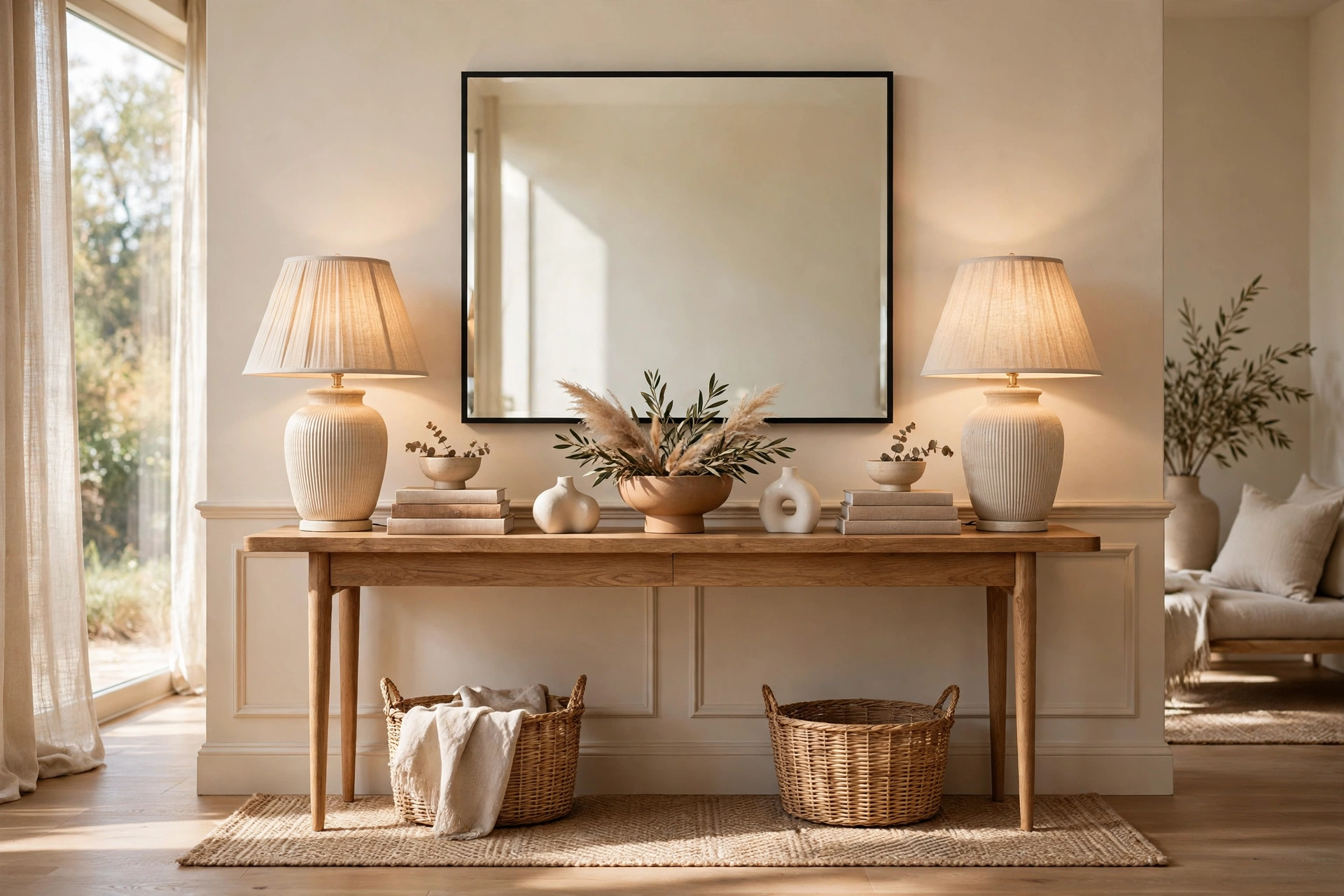 Symmetrical Console Table Styling With Matching Table Lamps