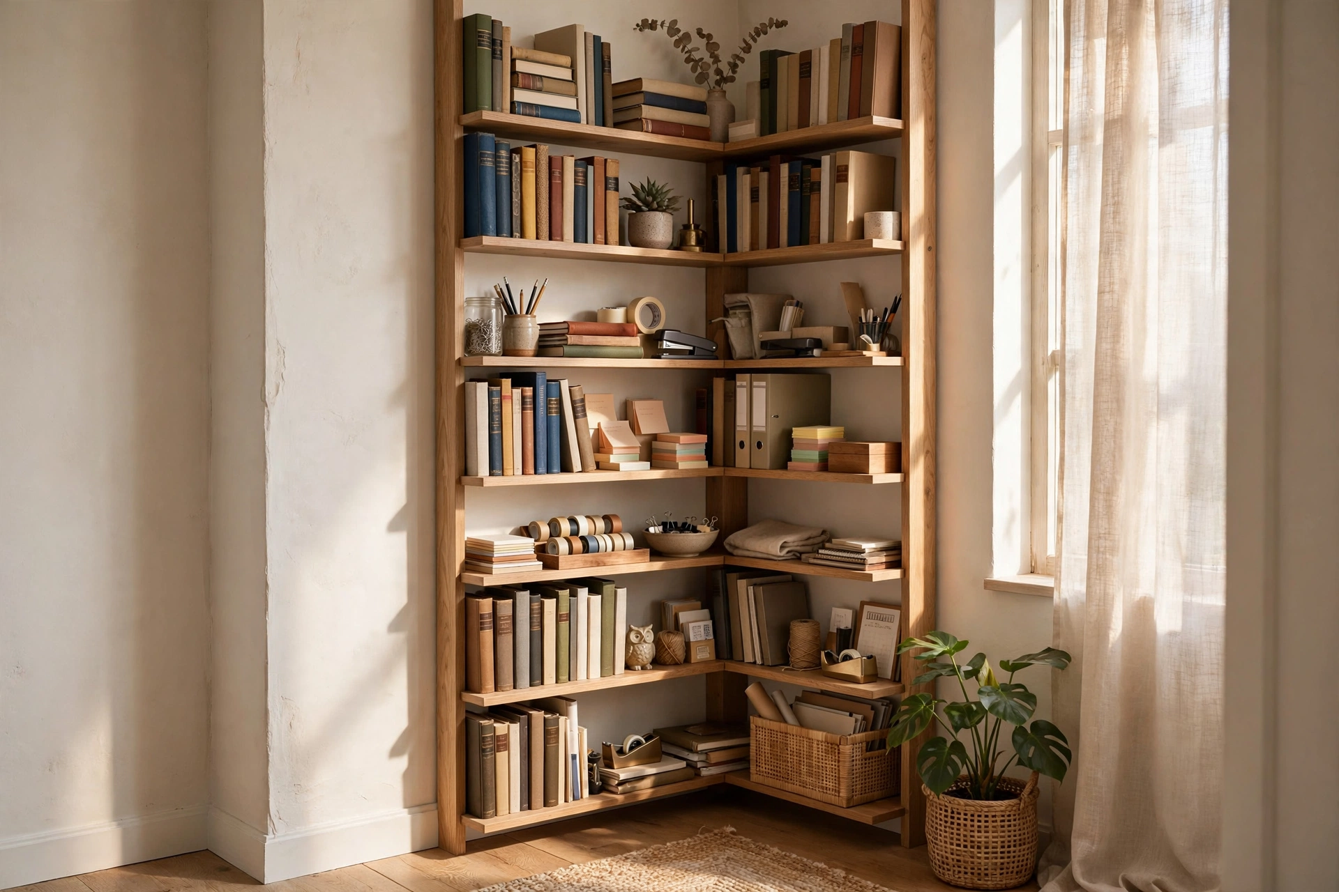 Tall Corner Shelving Tower Filled With Books And Office Supplies