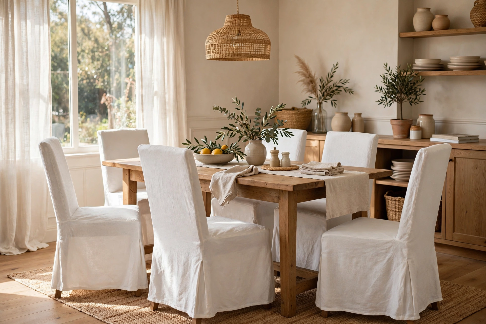 White Slipcovered Dining Chairs in a Cozy Dining Room