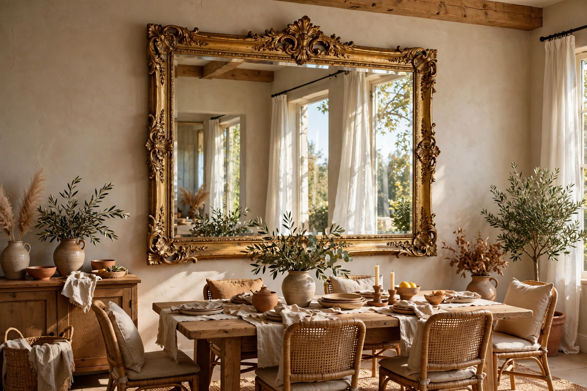 Large Ornate Mirror Reflecting Light in a Cozy Dining Room