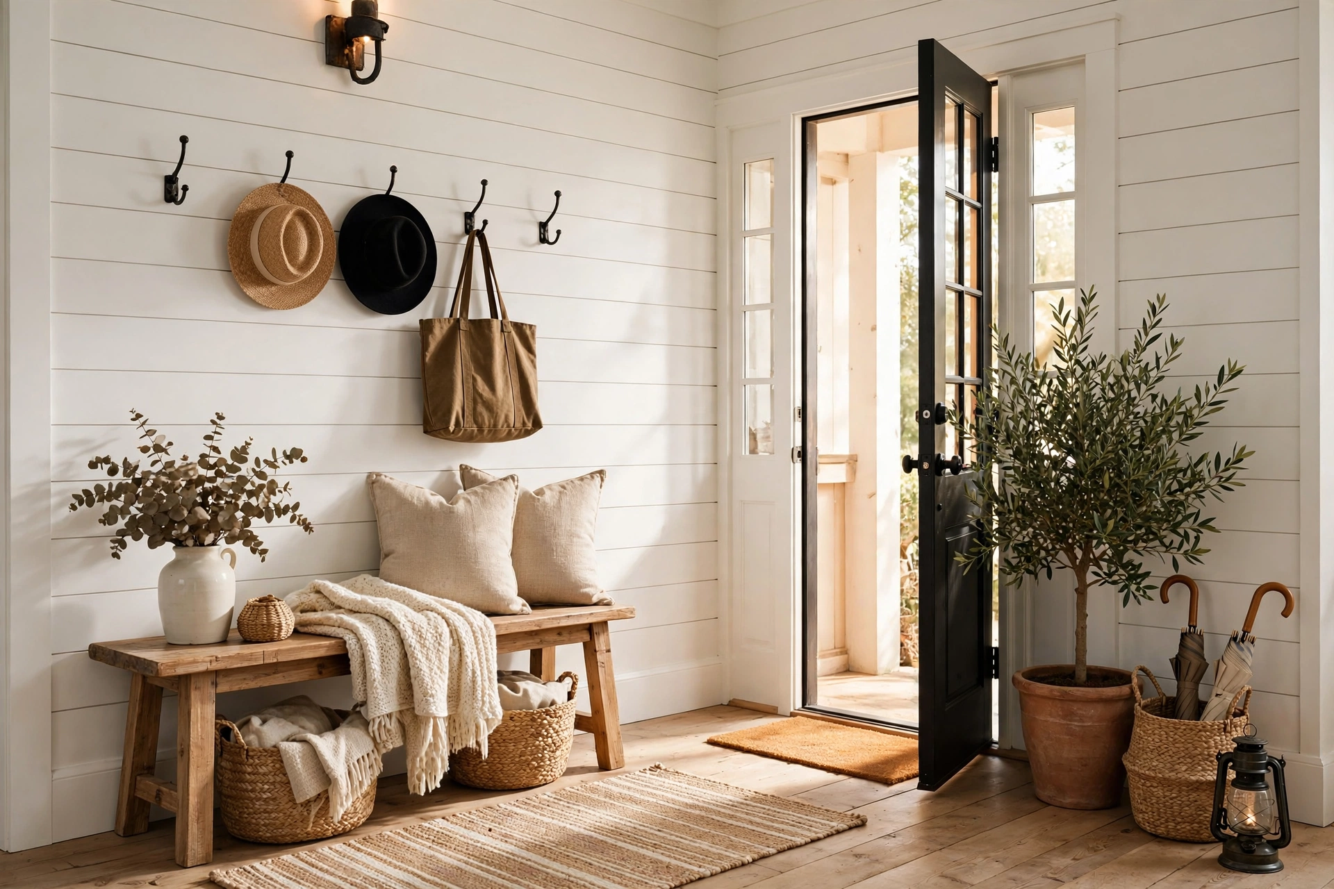White Shiplap Walls in a Cozy Farmhouse Entryway