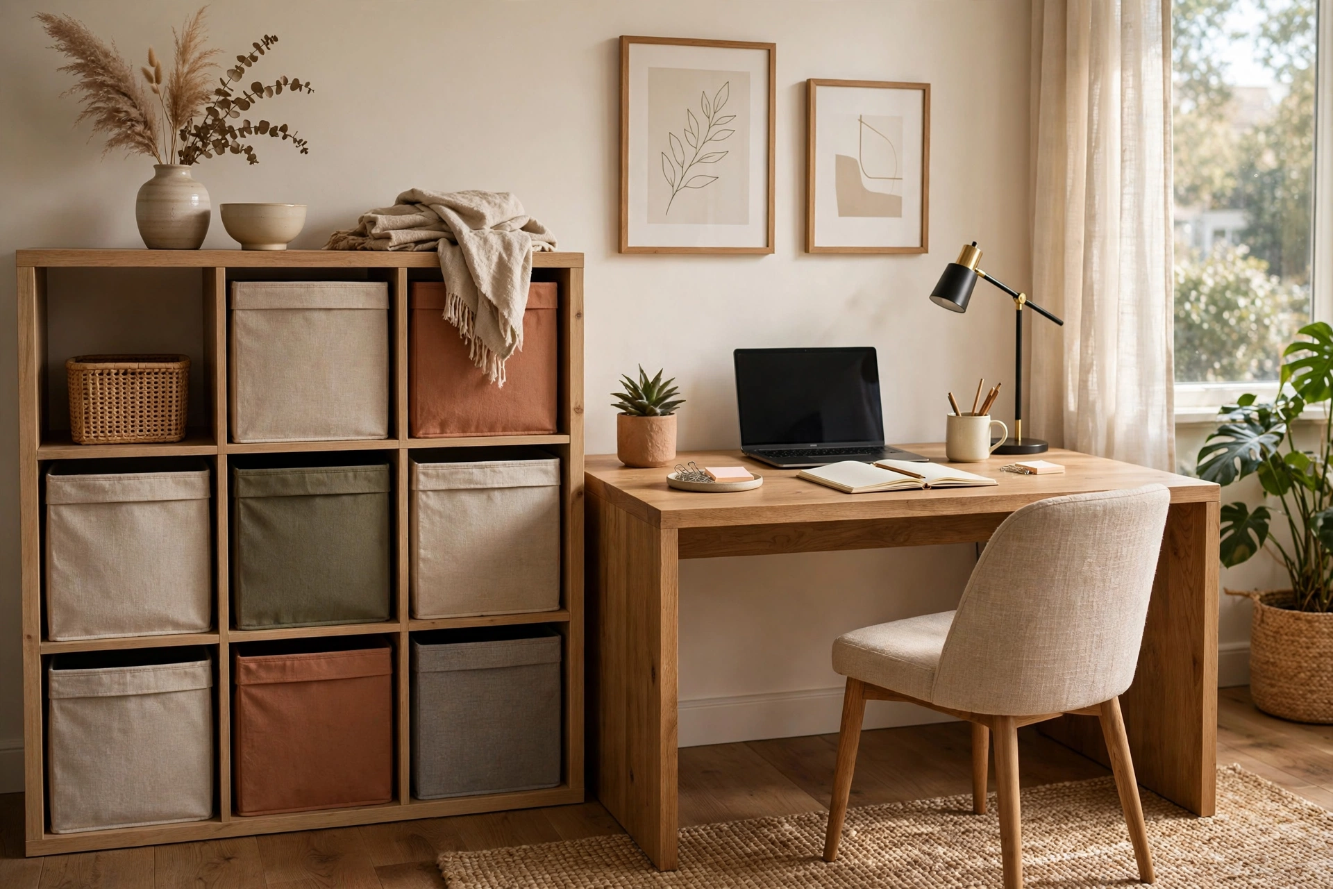 Cube Storage Shelving Unit With Fabric Bins Beside A Desk