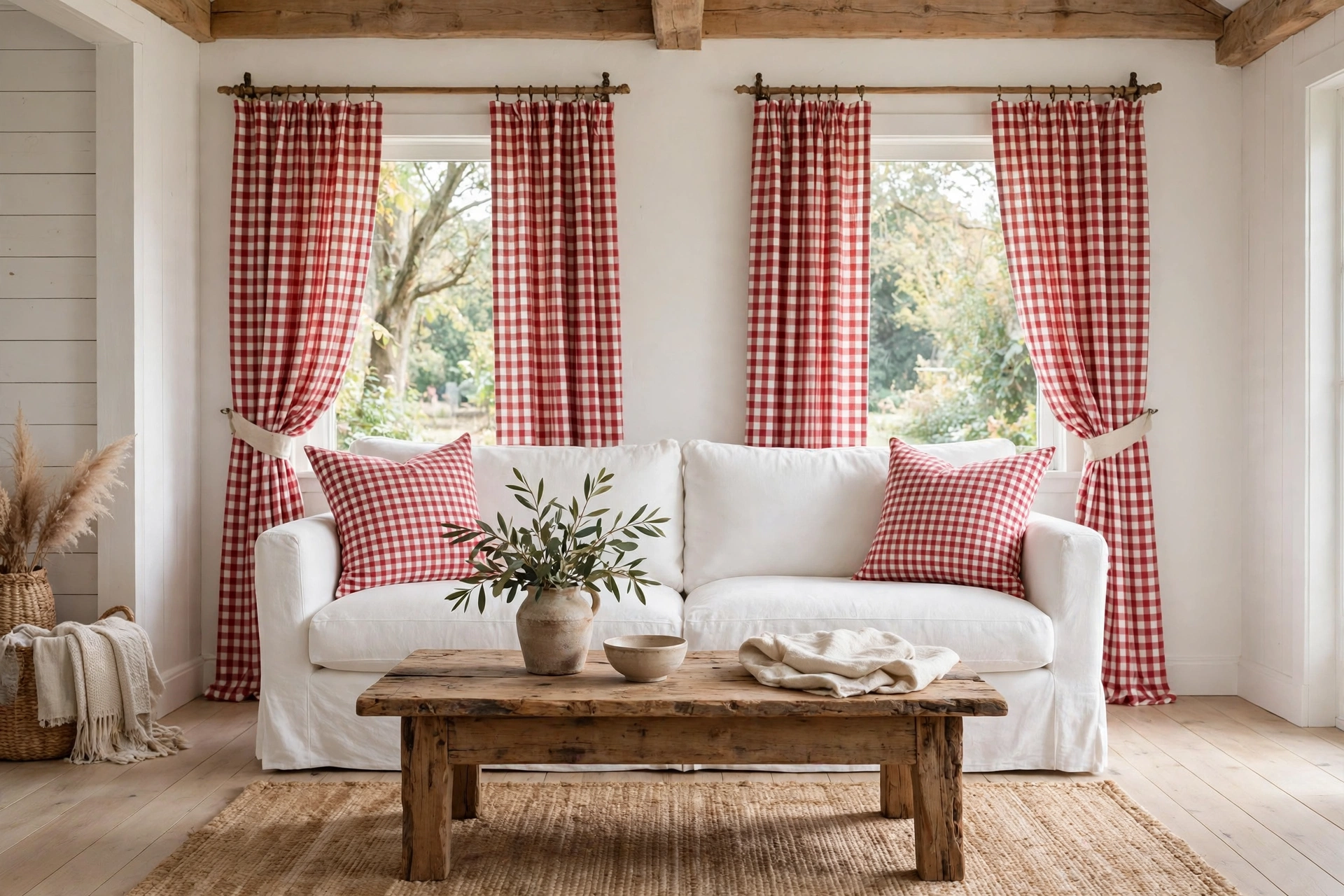 Cottage living room with red gingham check pillows and curtains on a white sofa
