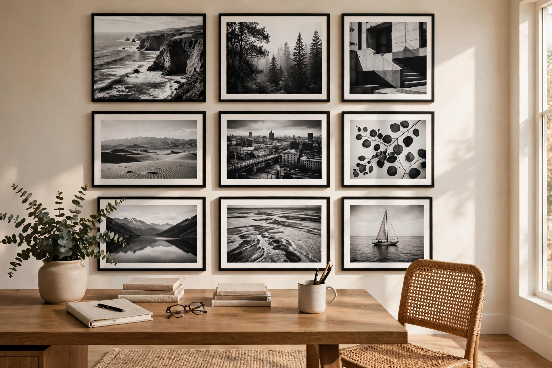 Home Office Wall With Black And White Photography Prints