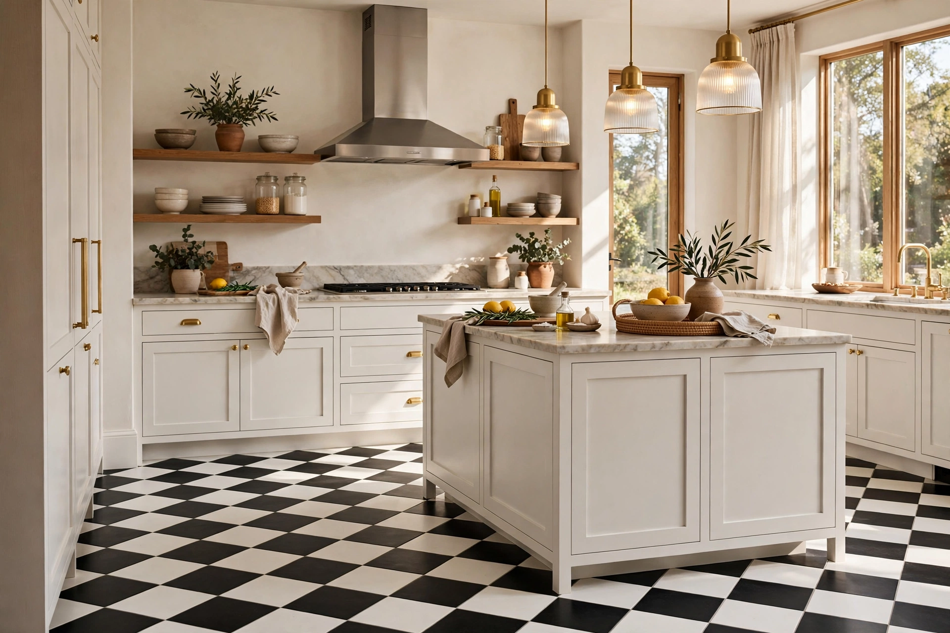 Bold Black And White Checkerboard Tile Kitchen Floor