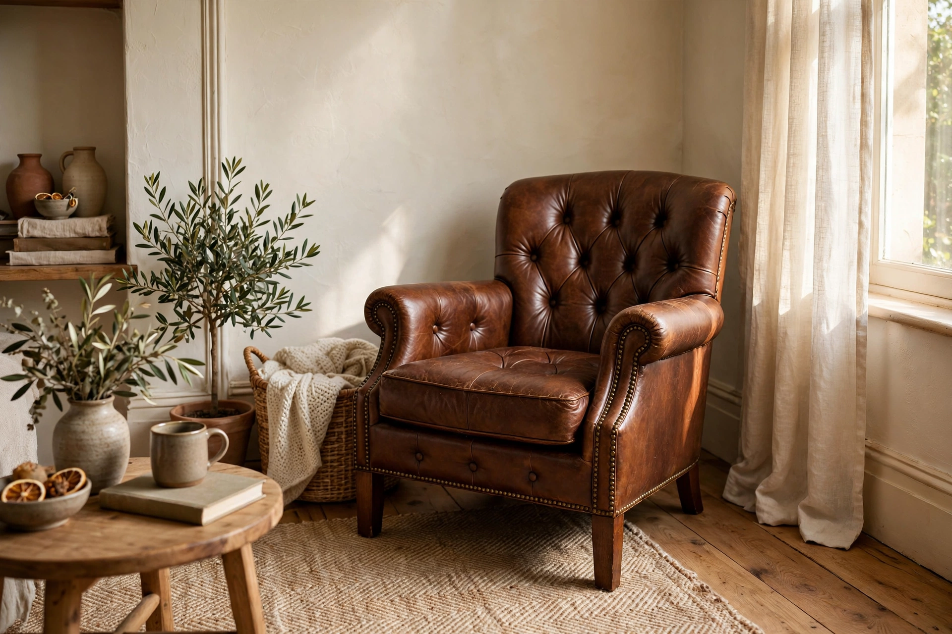 Brown Leather Club Chair In A Cozy Living Room Corner