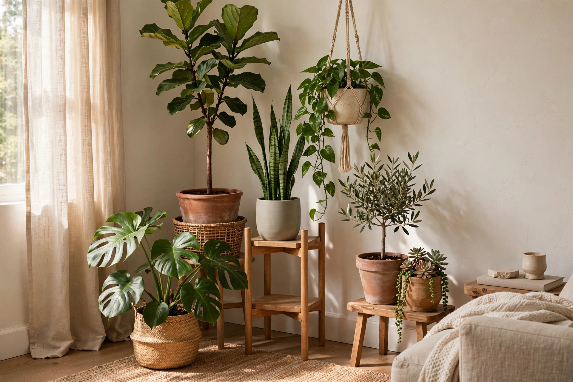 Cluster Of Potted Plants At Different Heights In A Living Room Corner