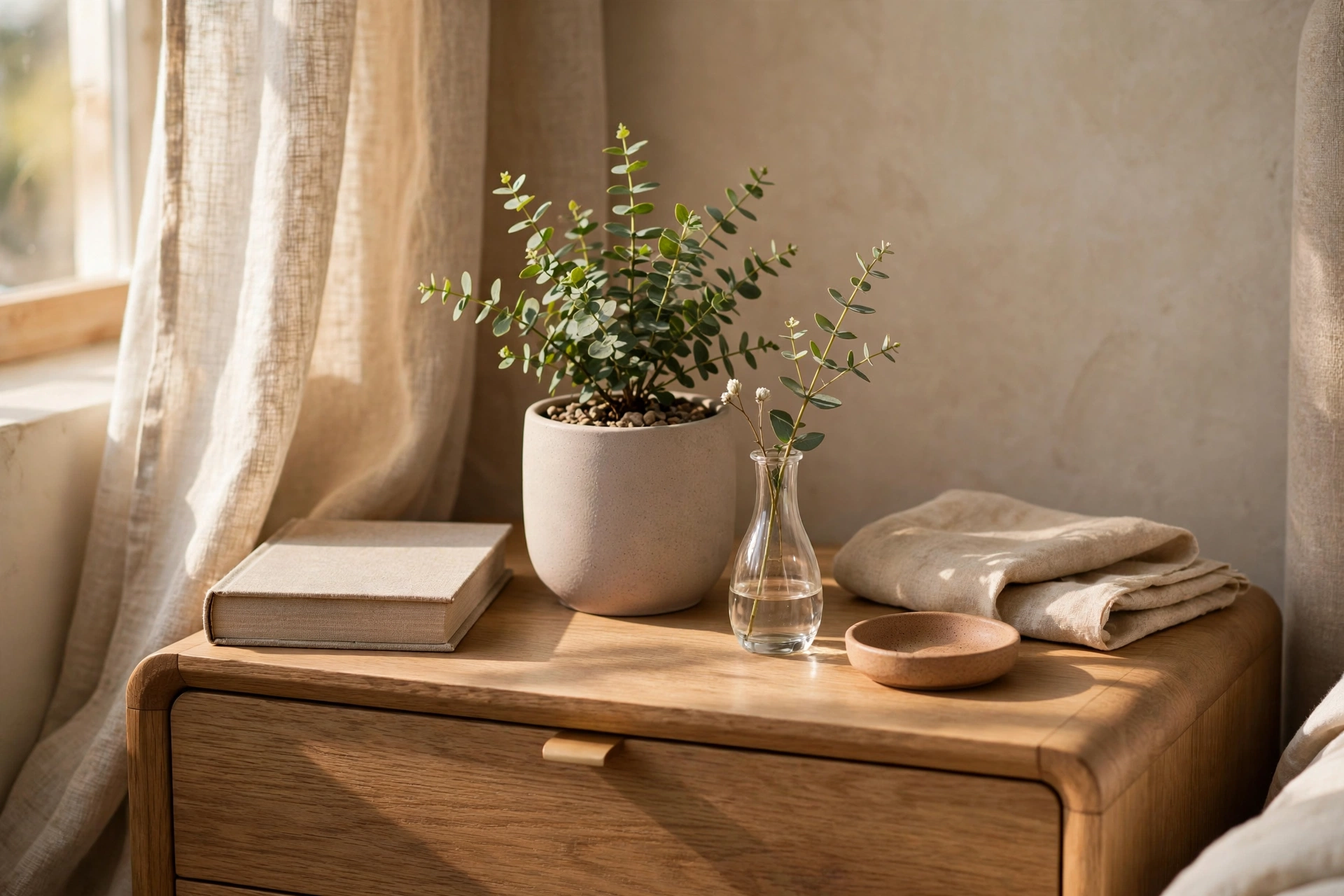 Small Potted Plant And Bud Vase On Nightstand