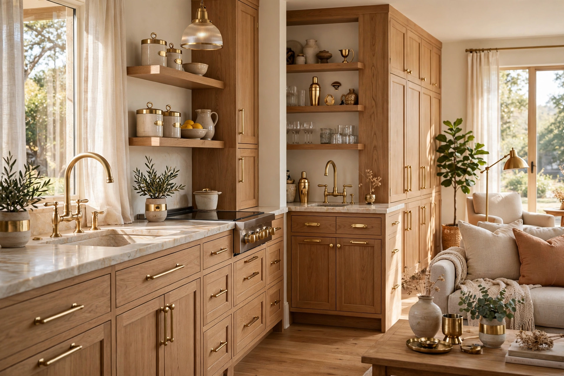 Brushed Brass Hardware And Faucets Repeated In Kitchen And Living Room