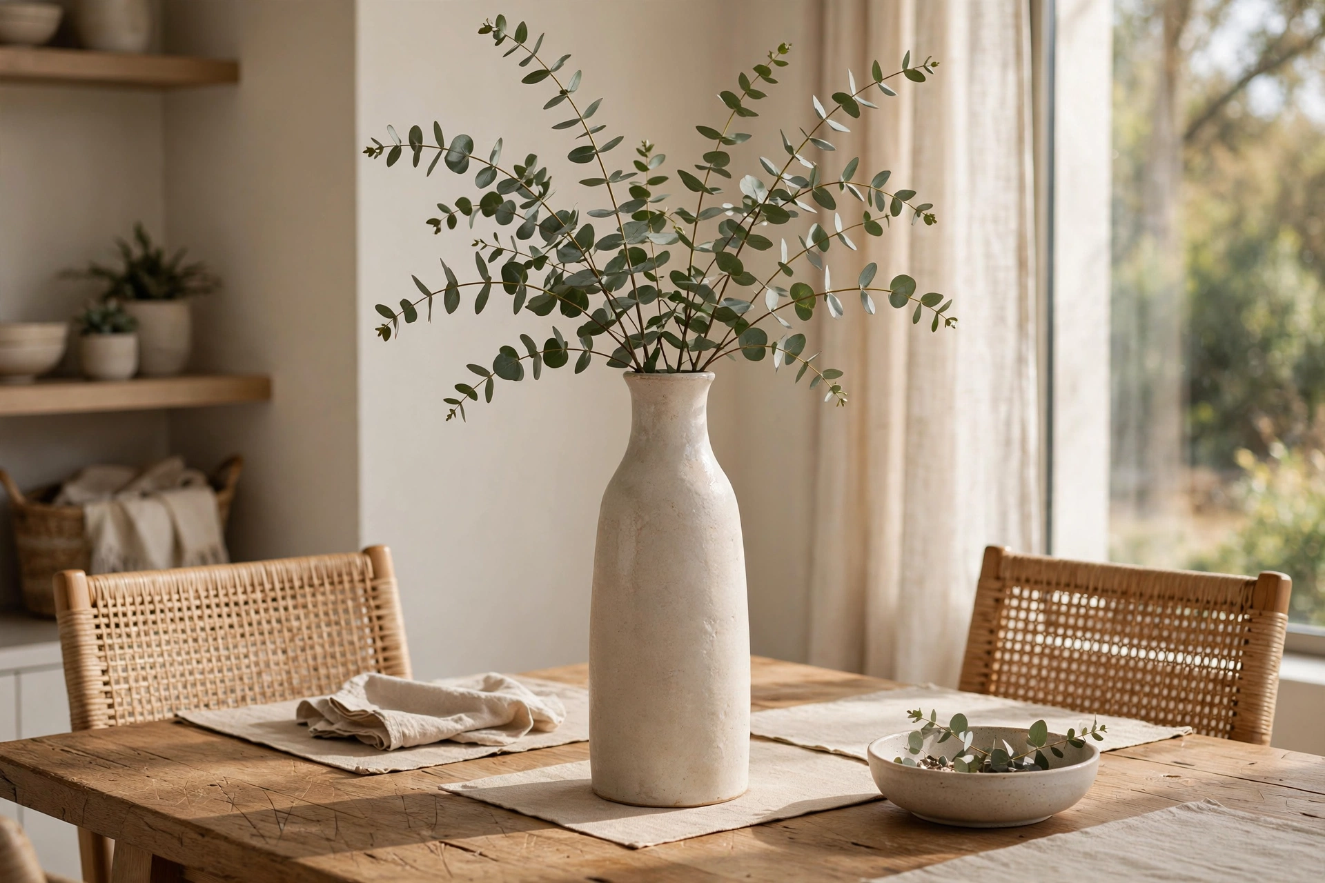 Tall Ceramic Vase With Eucalyptus Branches on a Dining Table