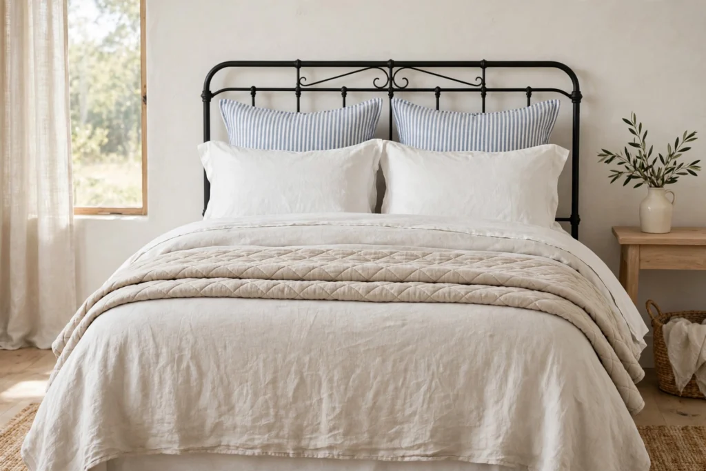 Layered linen bedding in white and oatmeal tones on a farmhouse bed with a quilted coverlet
