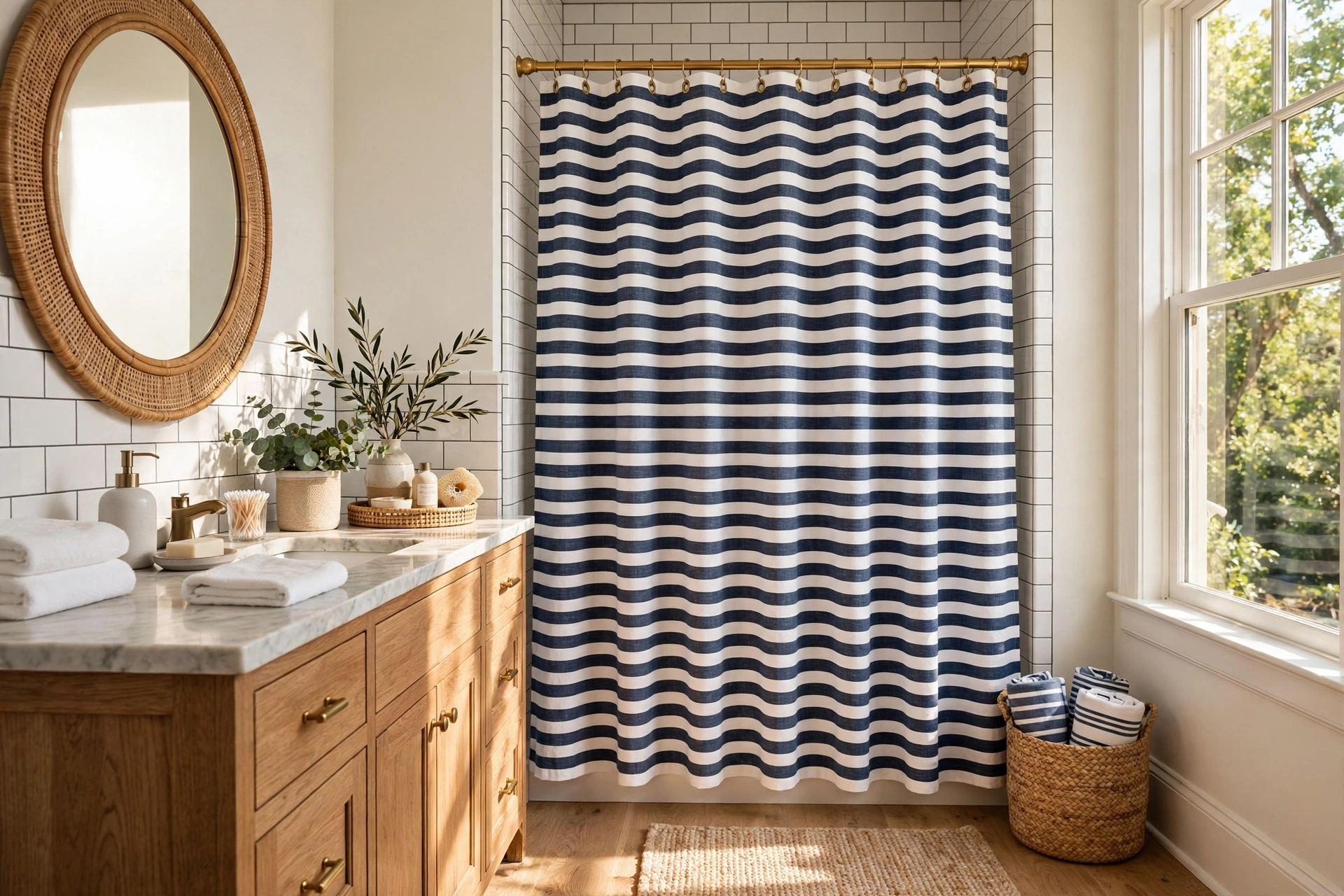 Navy And White Striped Sailor Shower Curtain