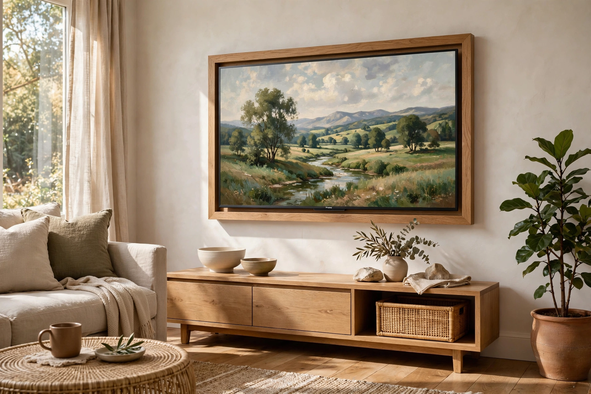 Art Style Frame TV Displaying A Landscape Painting
