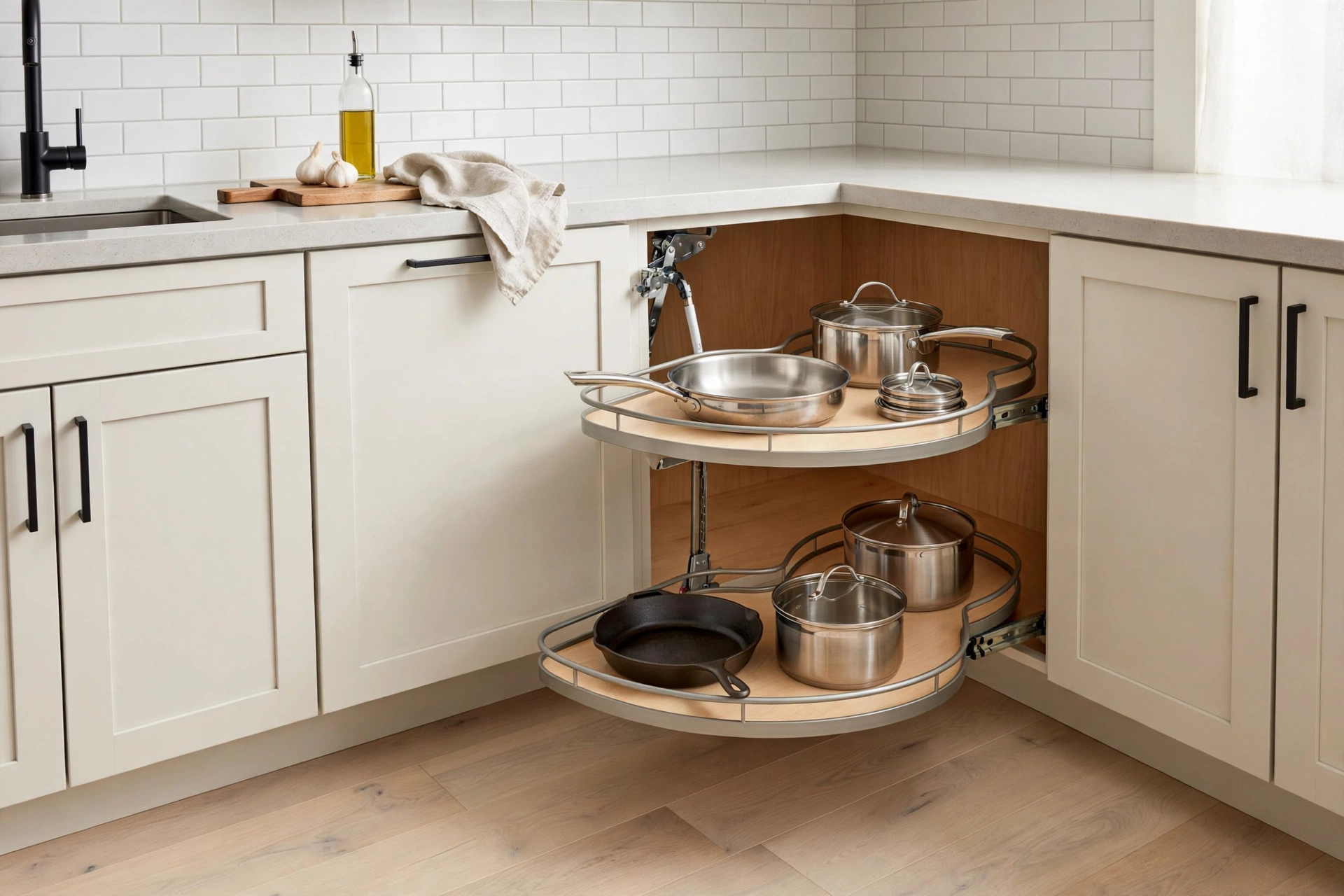 Swing Out Organizer In Blind Corner Kitchen Cabinet
