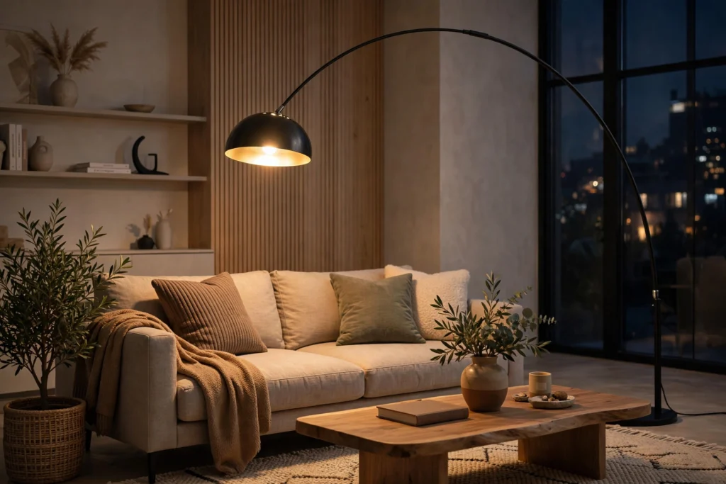 Arc Floor Lamp Arched Over A Modern Sofa