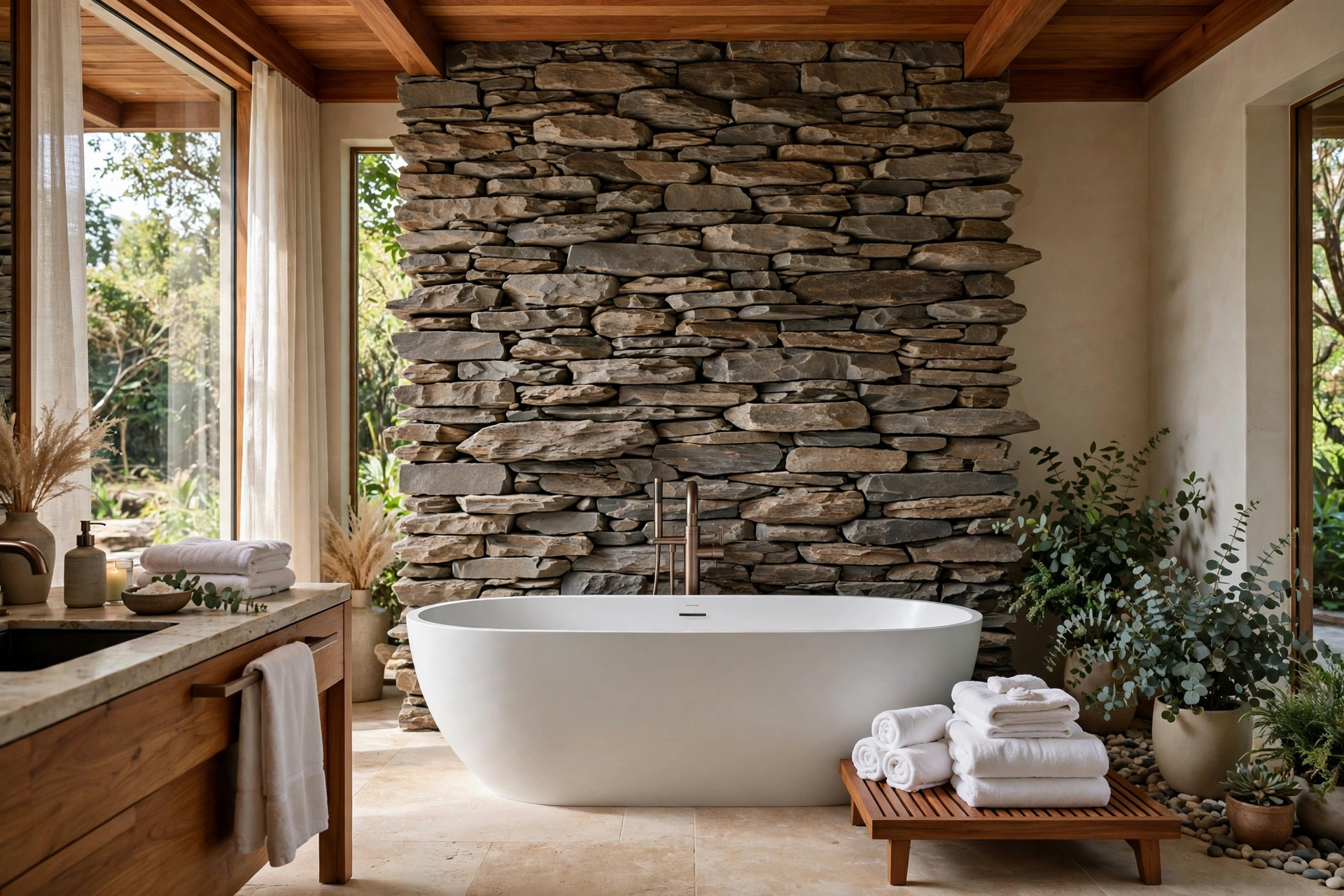 Natural Stone Feature Accent Wall In Bathroom