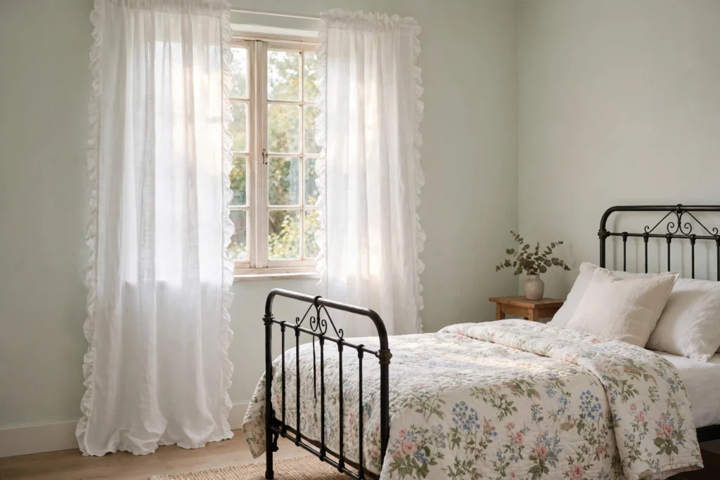 Cottage bedroom window with white ruffled linen curtains glowing in soft daylight