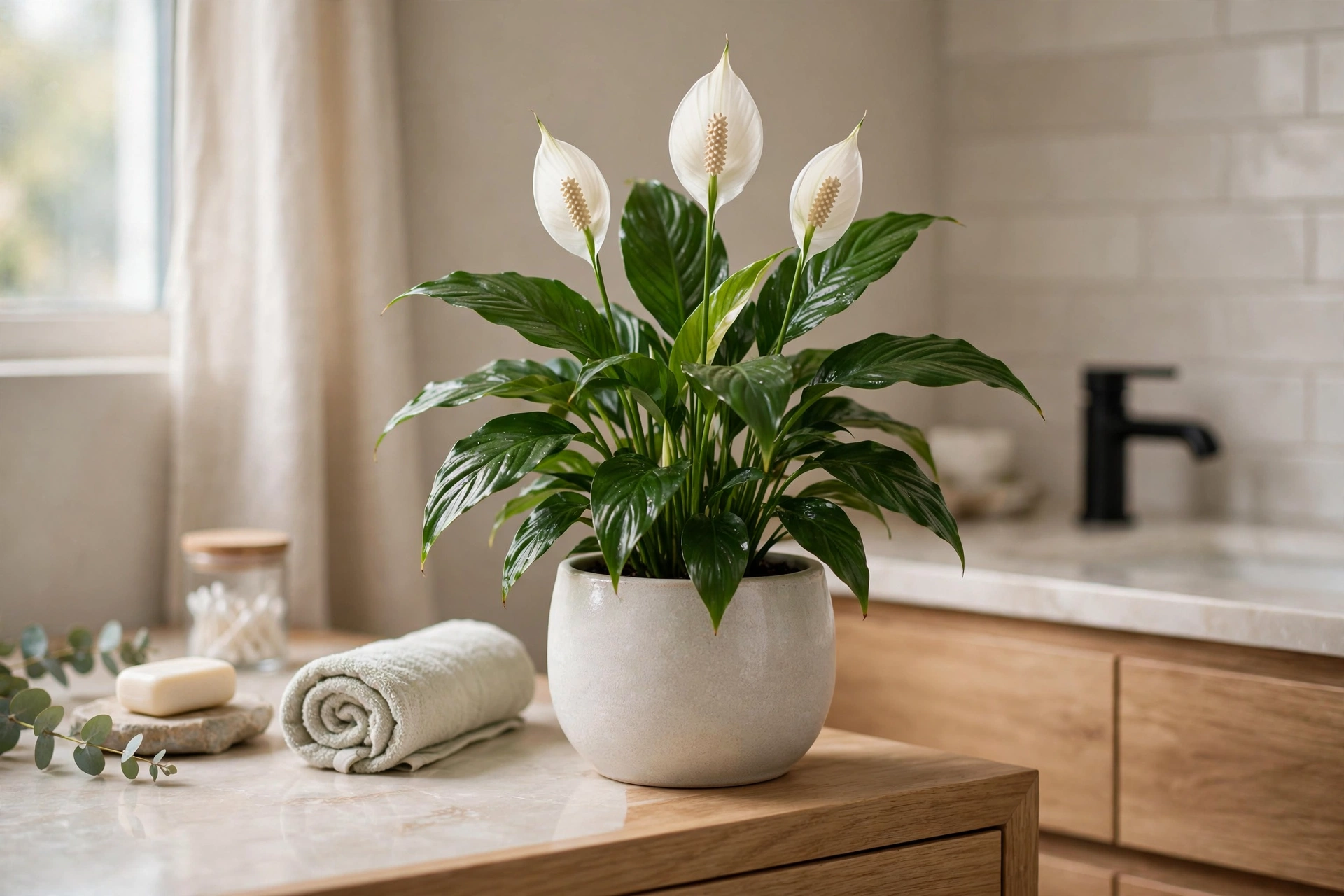 Peace Lily With Elegant White Blooms In Bathroom