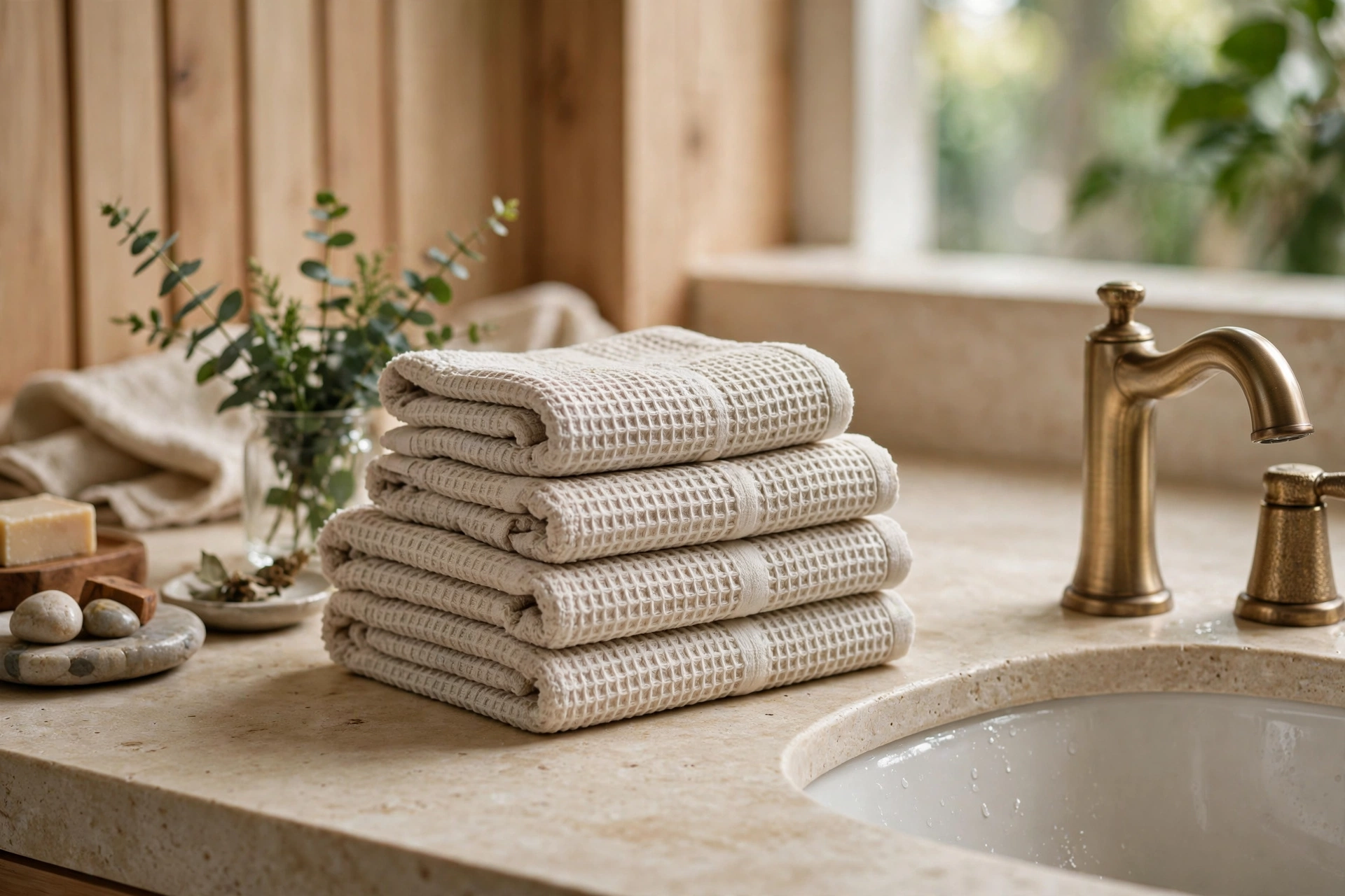 Layered Textured Hand Towels By Bathroom Sink