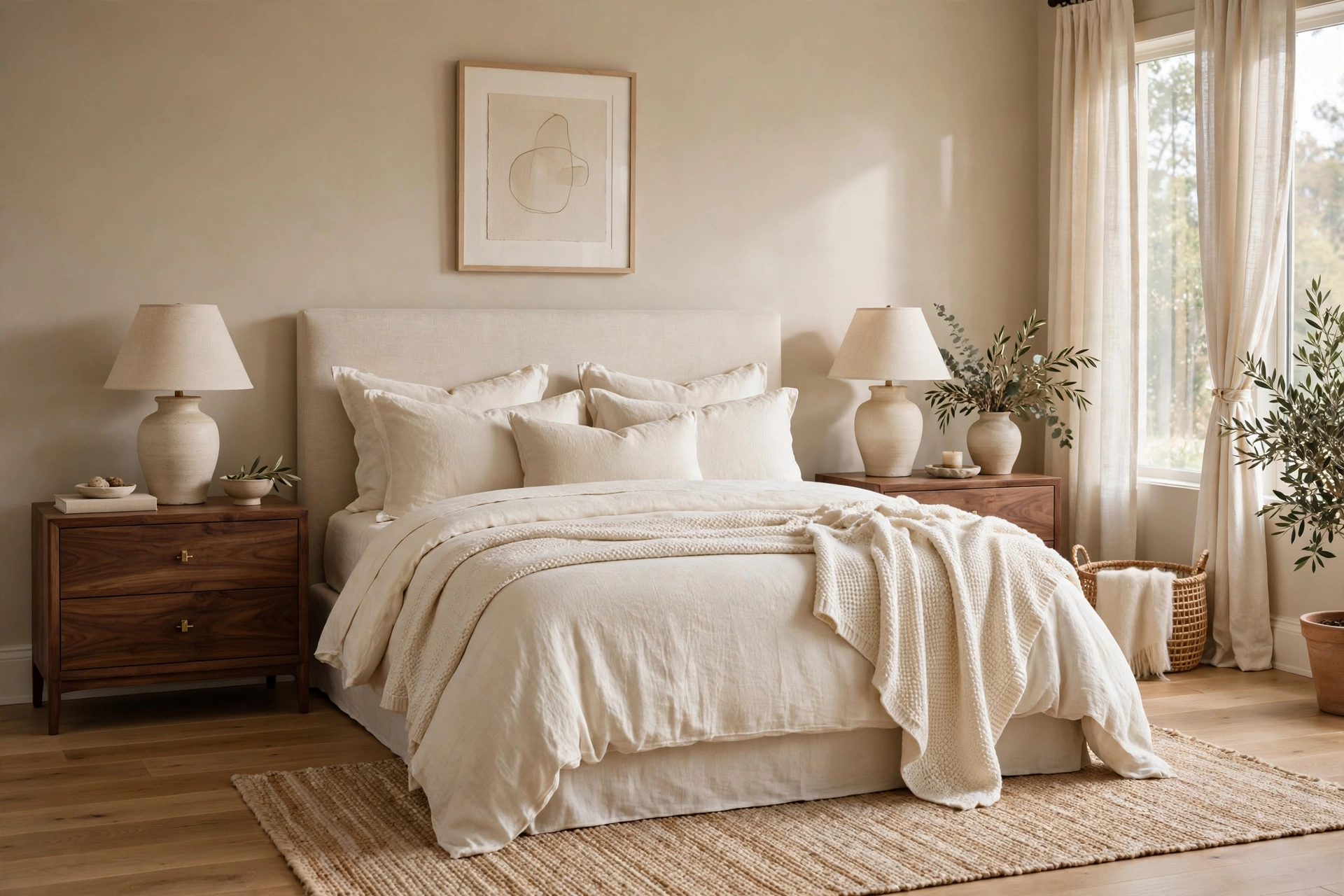 Sophisticated Bedroom With Warm Greige Walls And Wood Tones