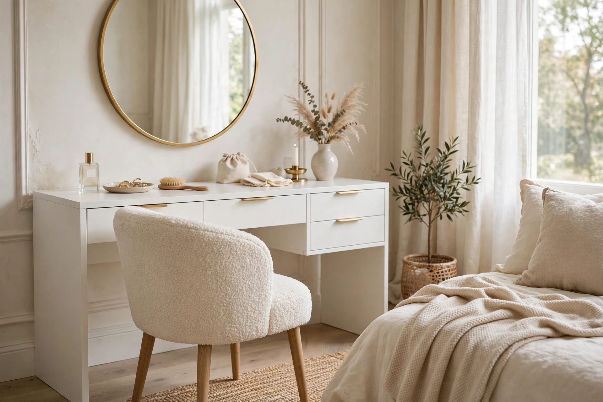 Boucle Vanity Chair At White Vanity Table