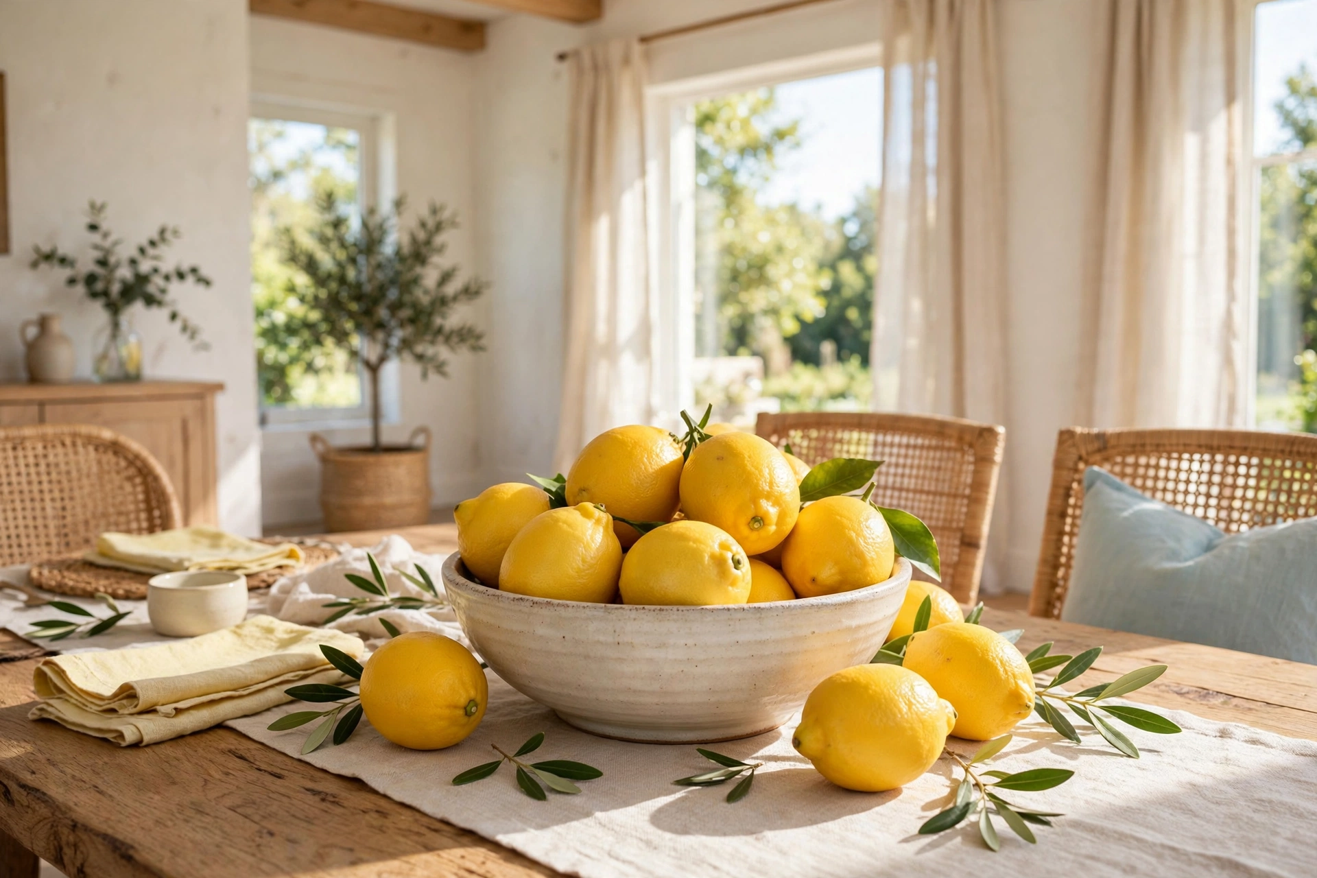 Dining Table Centerpiece With Bowl Of Fresh Lemons