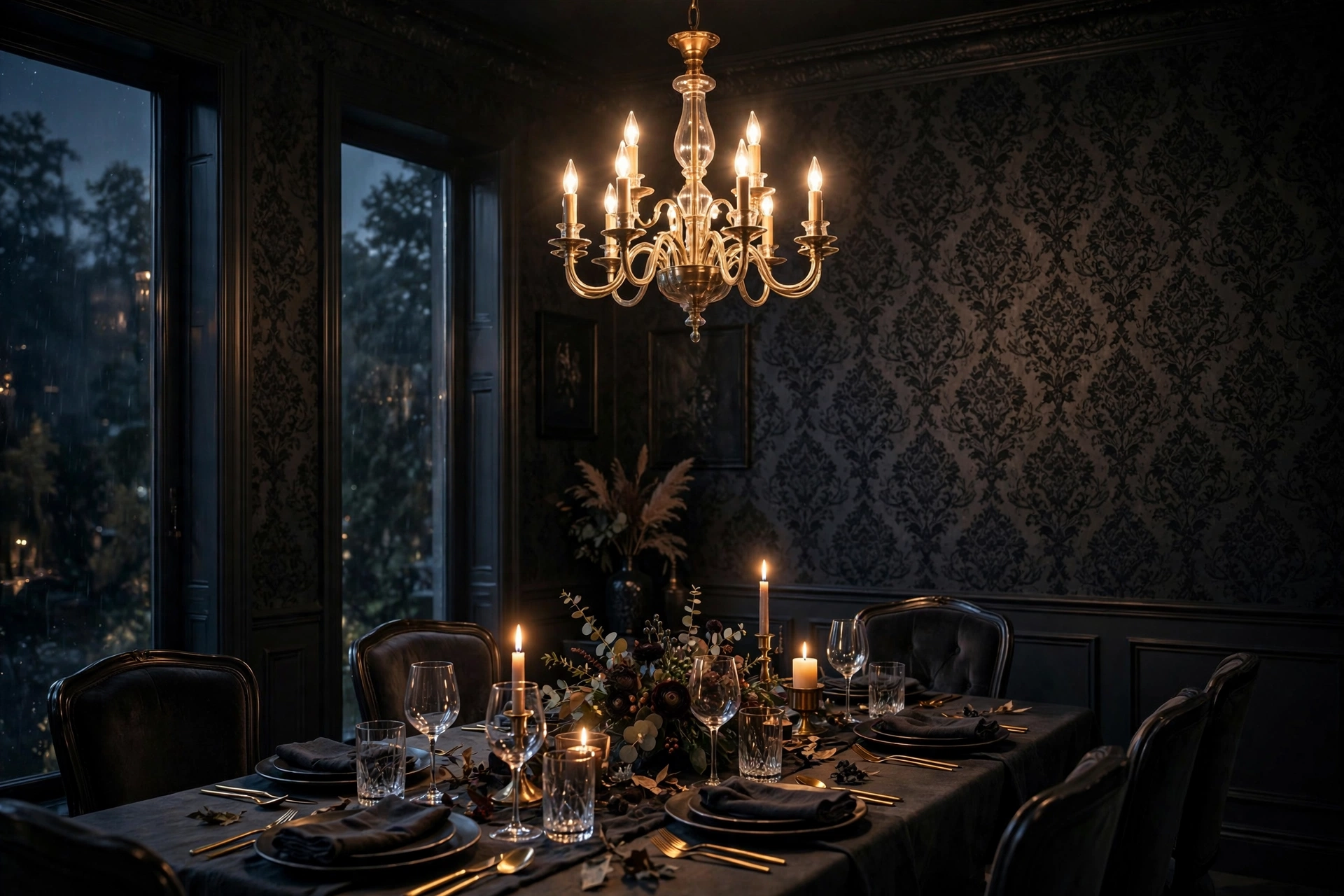 Moody Dining Room With Dark Dramatic Wallpaper