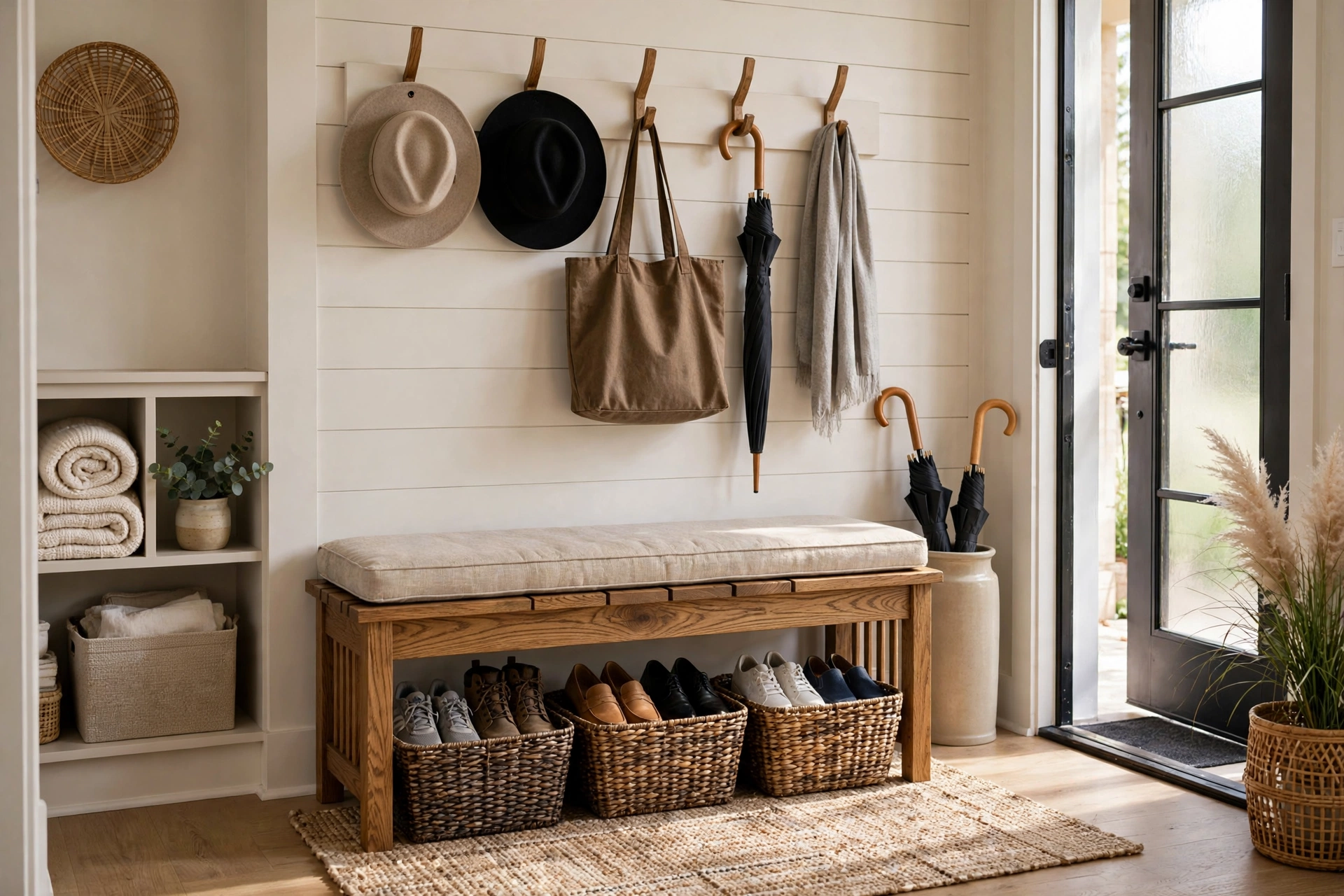 Woven Baskets Under Entryway Bench Holding Shoes